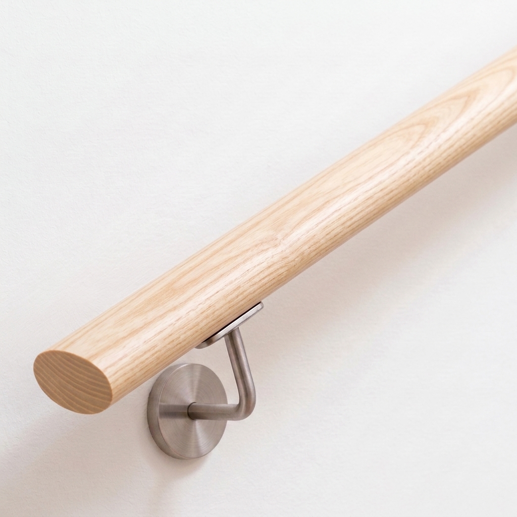 Ovale leuning van essenhout aan witte wand met roestvrijstalen leuninghouder, licht hout met fijne nerf, schuin van onderen