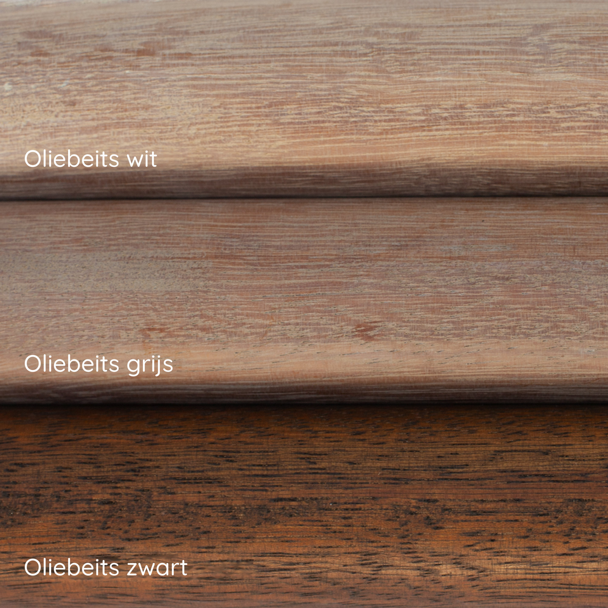 Oliebeits op iroko: drie houtstalen in wit, grijs en zwart onder elkaar, elk met opschrift
