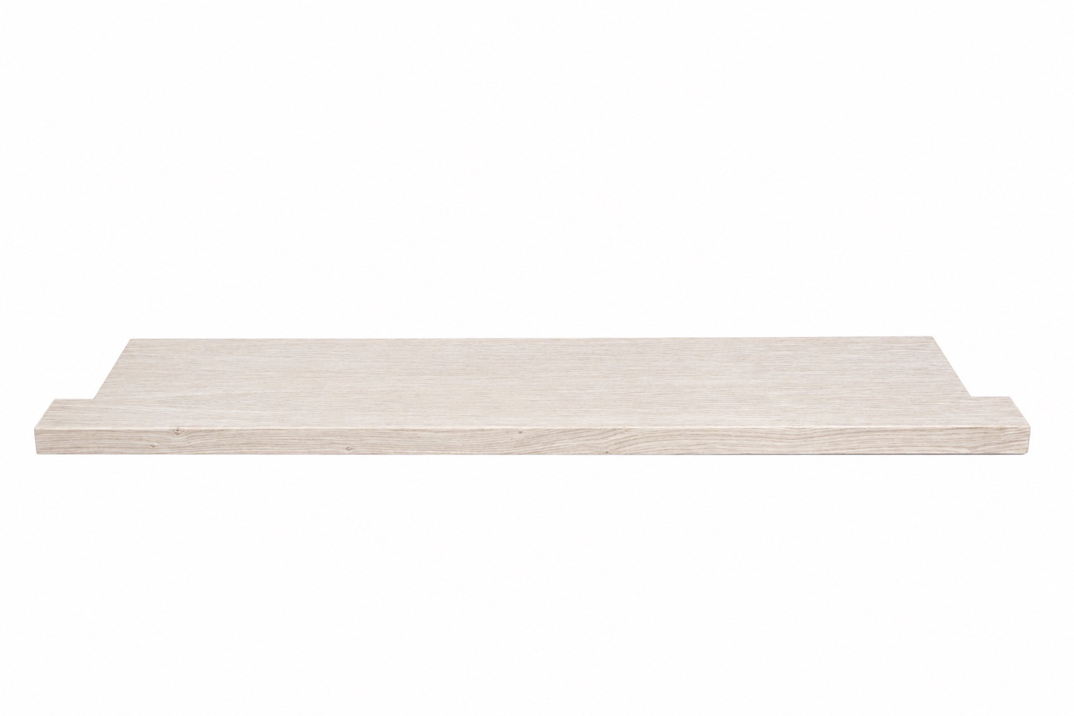 Renovatievensterbank eiken wit gebeitst, massief hout met zichtbare nerf, vooraanzicht met eindstukken aan de zijkanten