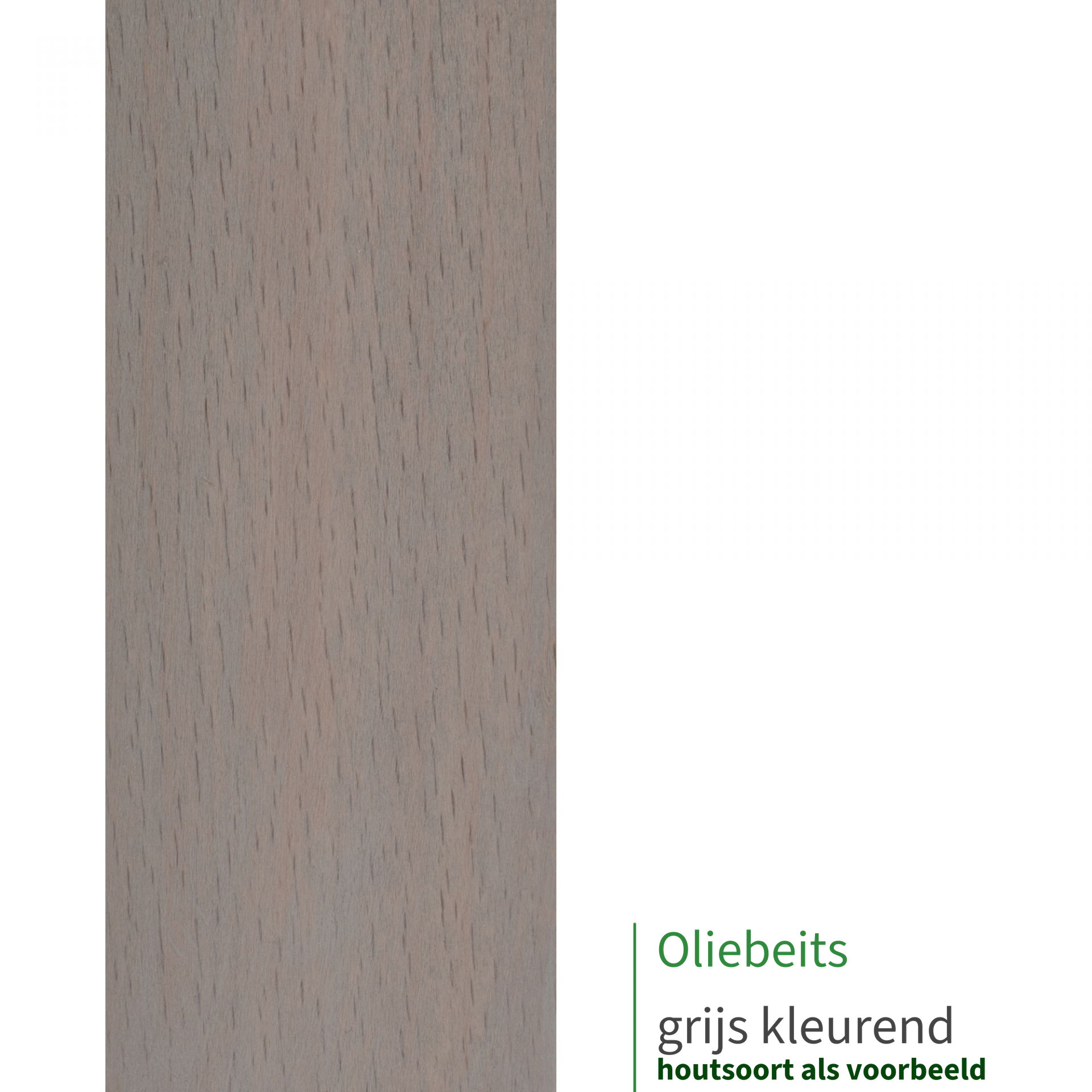 Oliebeits grijs kleurend op een houten leuning als kleurstaal; houtsoort dient alleen als voorbeeld