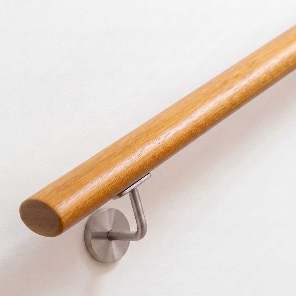 Ovale leuning van iroko, goudbruin hout, met roestvrijstalen leuninghouder aan witte wand, recht uiteinde, schuin van boven