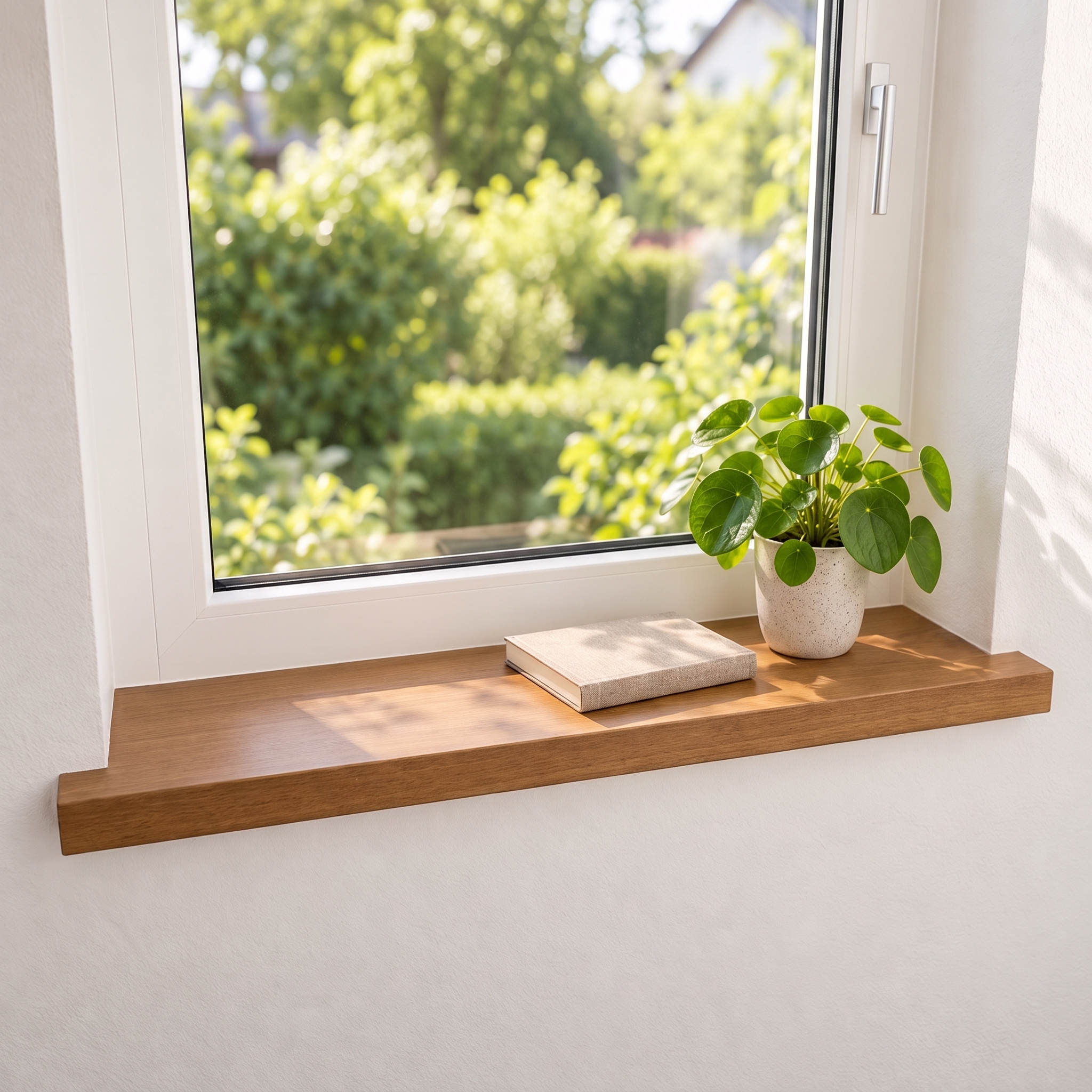 Renovatievensterbank van beukenhout, bruin gebeitst, massief hout, voor wit raam met tuinzicht, pilea in witte pot