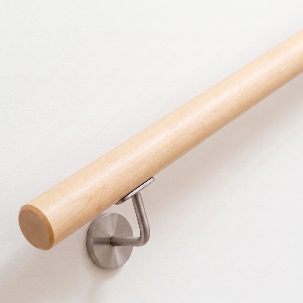 Ronde leuning van esdoornhout, zeer licht hout, met roestvrijstalen leuninghouder aan witte wand, recht uiteinde, schuin