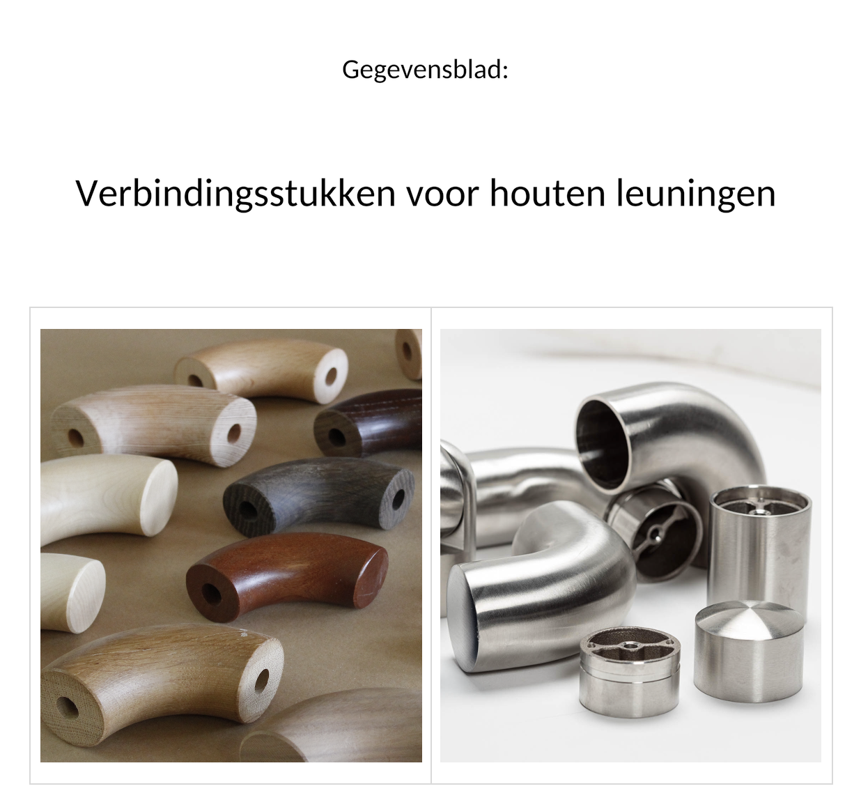Gegevensblad verbindingsstukken voor houten leuningen: titelpagina met houten bochten in diverse houtsoorten, rvs-verbinders