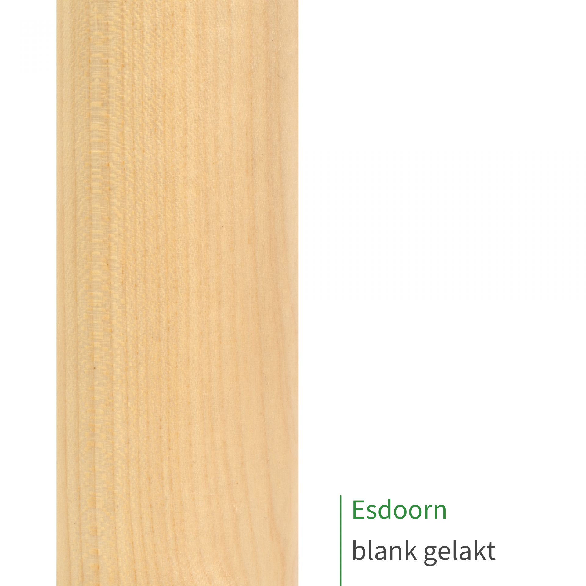 Esdoorn, blank gelakt: close-up van het oppervlak van een houten leuning met zichtbare houtnerf als kleurstaal