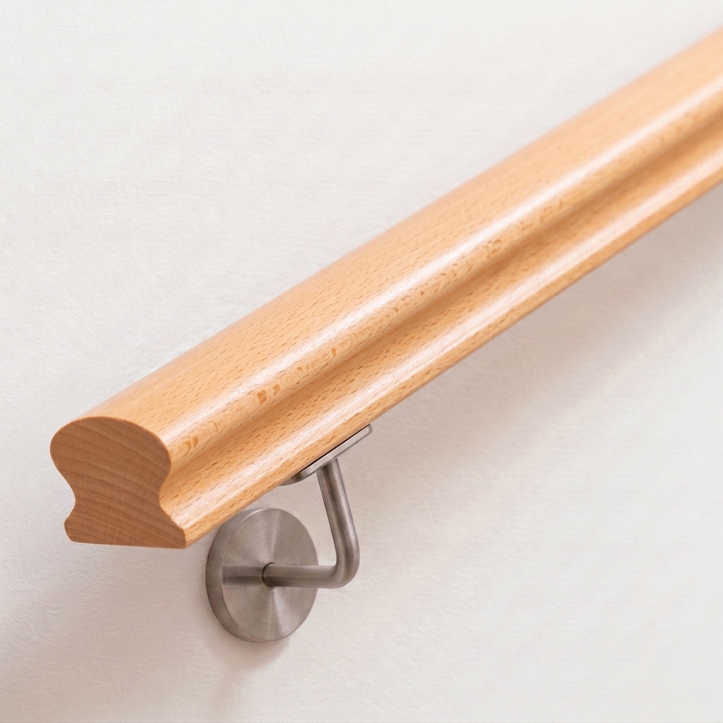 Omega-leuning van licht beukenhout met geprofileerde doorsnede, roestvrijstalen leuninghouder aan witte wand, recht uiteinde