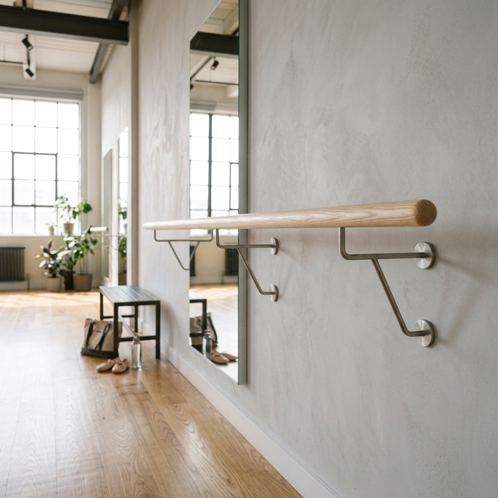 Balletstang van essen, rond, met roestvrijstalen wandbeugels aan grijze gestucte wand, loft-dansstudio met spiegel en ramen