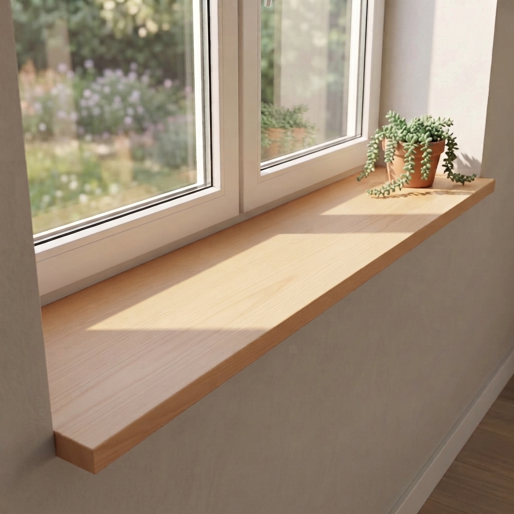 Vensterbank van beukenhout, naturel, doorlopende lamellen, onder dubbel raam met tuinzicht en hangplant in terracotta pot