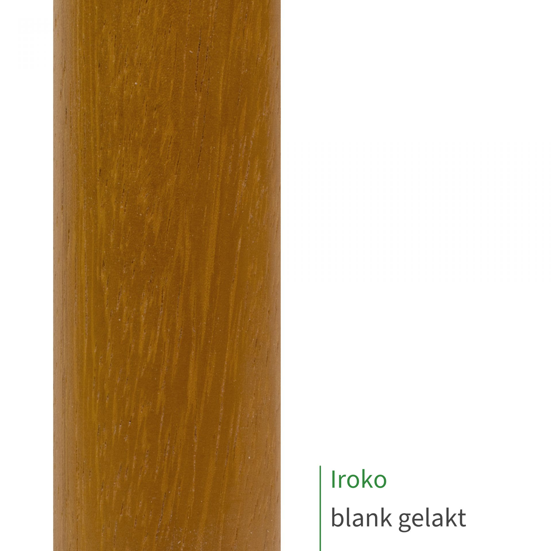 Iroko, blank gelakt: close-up van het oppervlak van een houten leuning met zichtbare houtnerf als kleurstaal