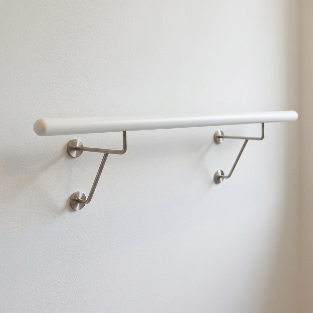Balletstang van beukenhout, wit gelakt, met twee roestvrijstalen dubbele wandbeugels aan witte wand, vrijstaand