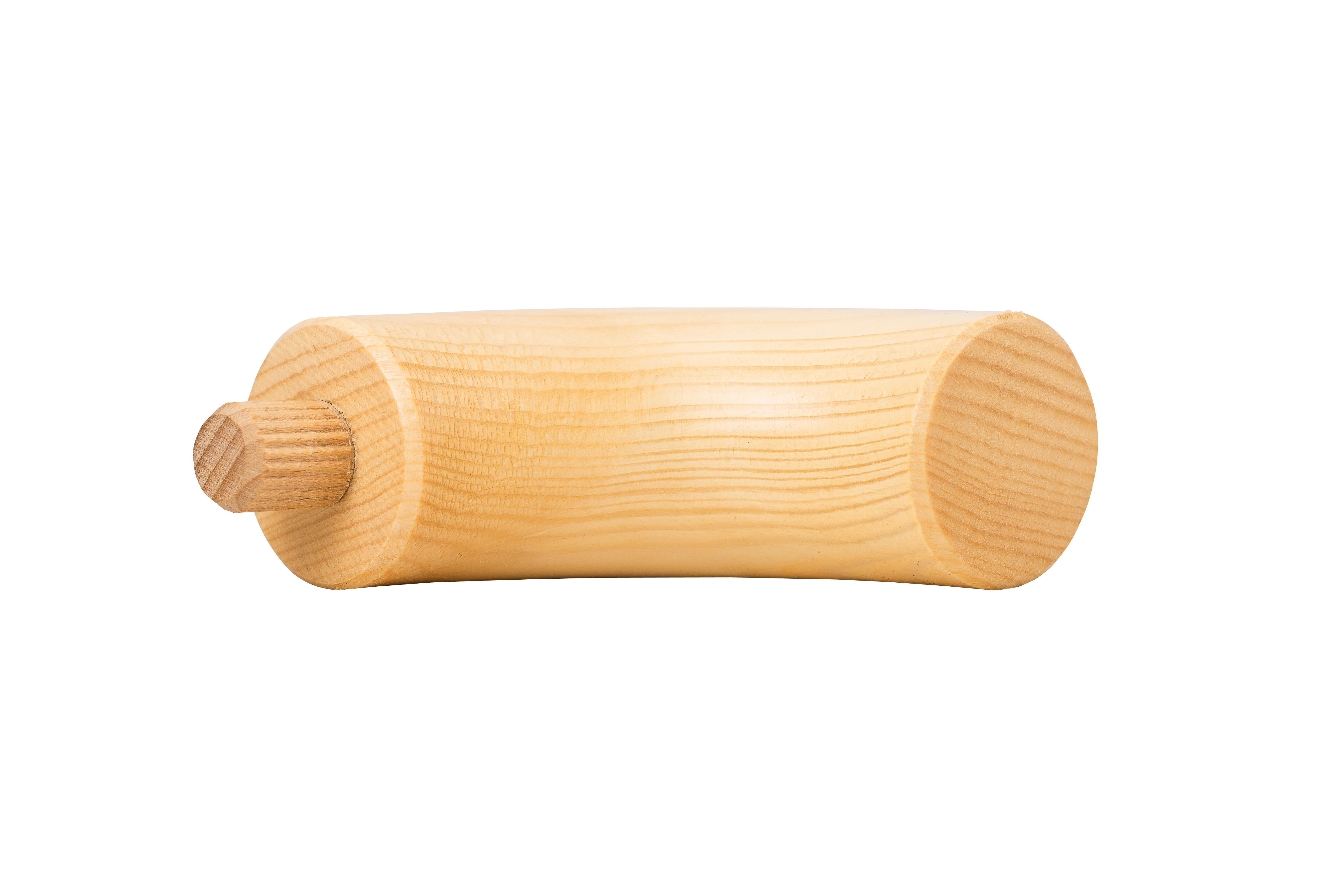 Ronde eindbocht van vuren/dennen, 90°, met ingezette houten deuvel, zijaanzicht in naturel vuren voor witte achtergrond