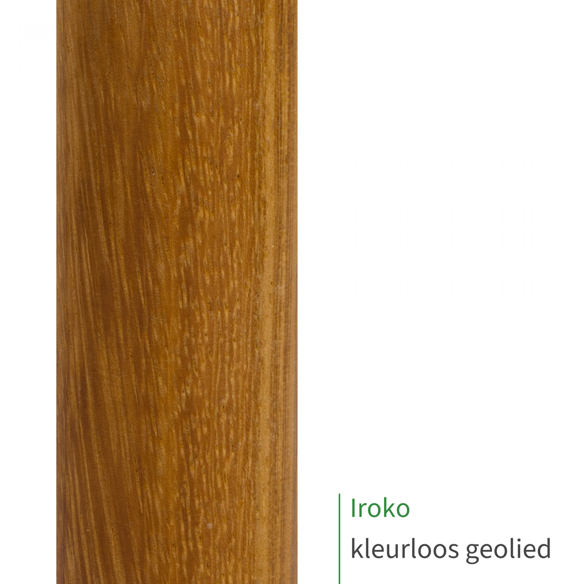Iroko, kleurloos geolied: close-up van het oppervlak van een houten leuning met zichtbare houtnerf als kleurstaal