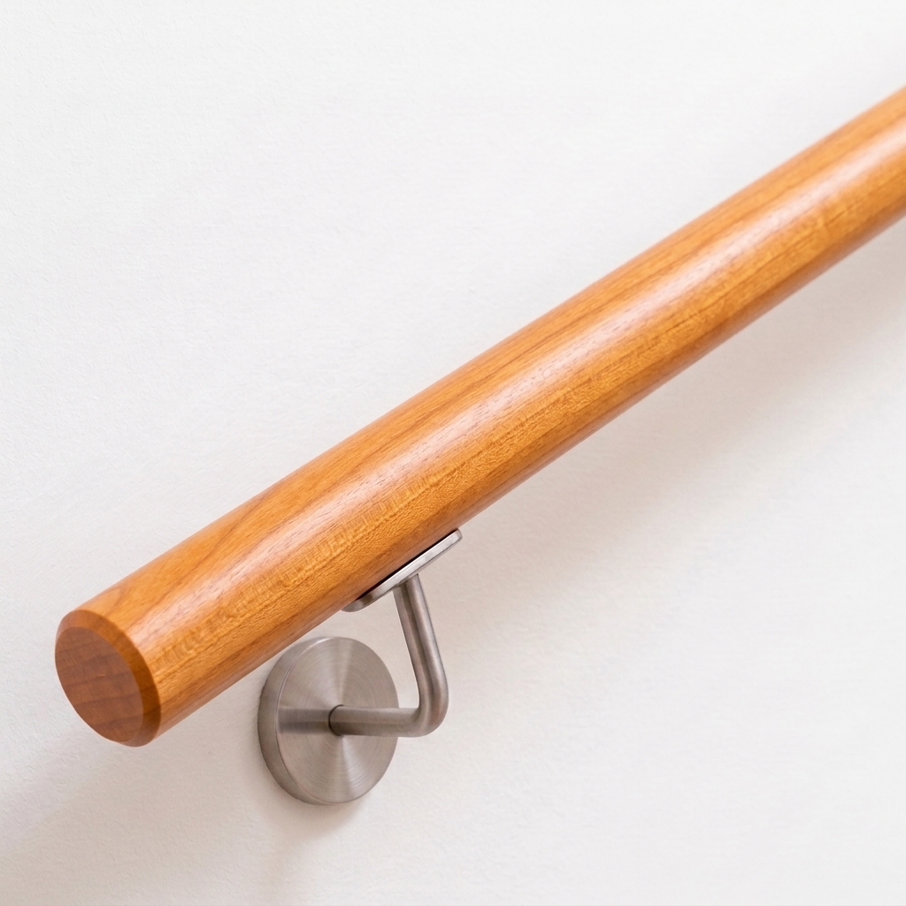 Ronde leuning van kersenhout, warm roodachtig hout, met roestvrijstalen leuninghouder aan witte wand, recht uiteinde, schuin