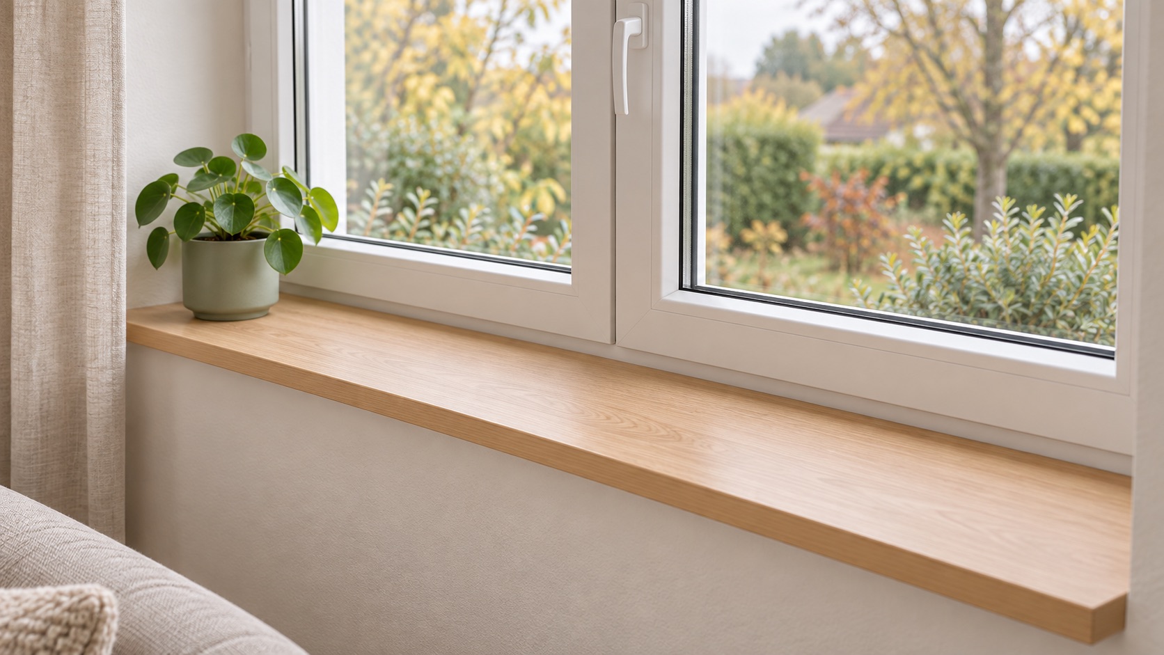 Vensterbank met lichte eikenhoutlook onder dubbel raam met uitzicht op de herfsttuin, pilea in groene pot, bank