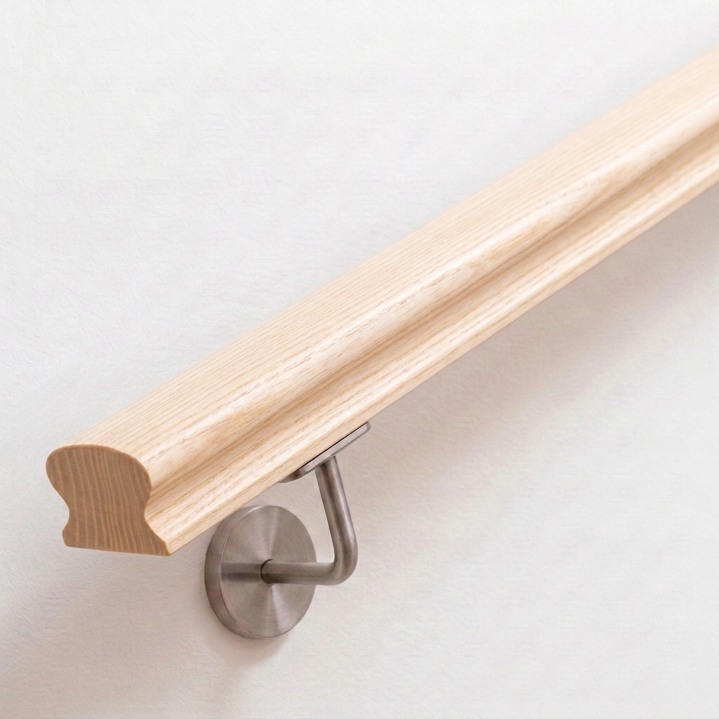 Omega-leuning van essenhout met geprofileerde doorsnede, licht hout, roestvrijstalen leuninghouder aan witte wand, recht eind