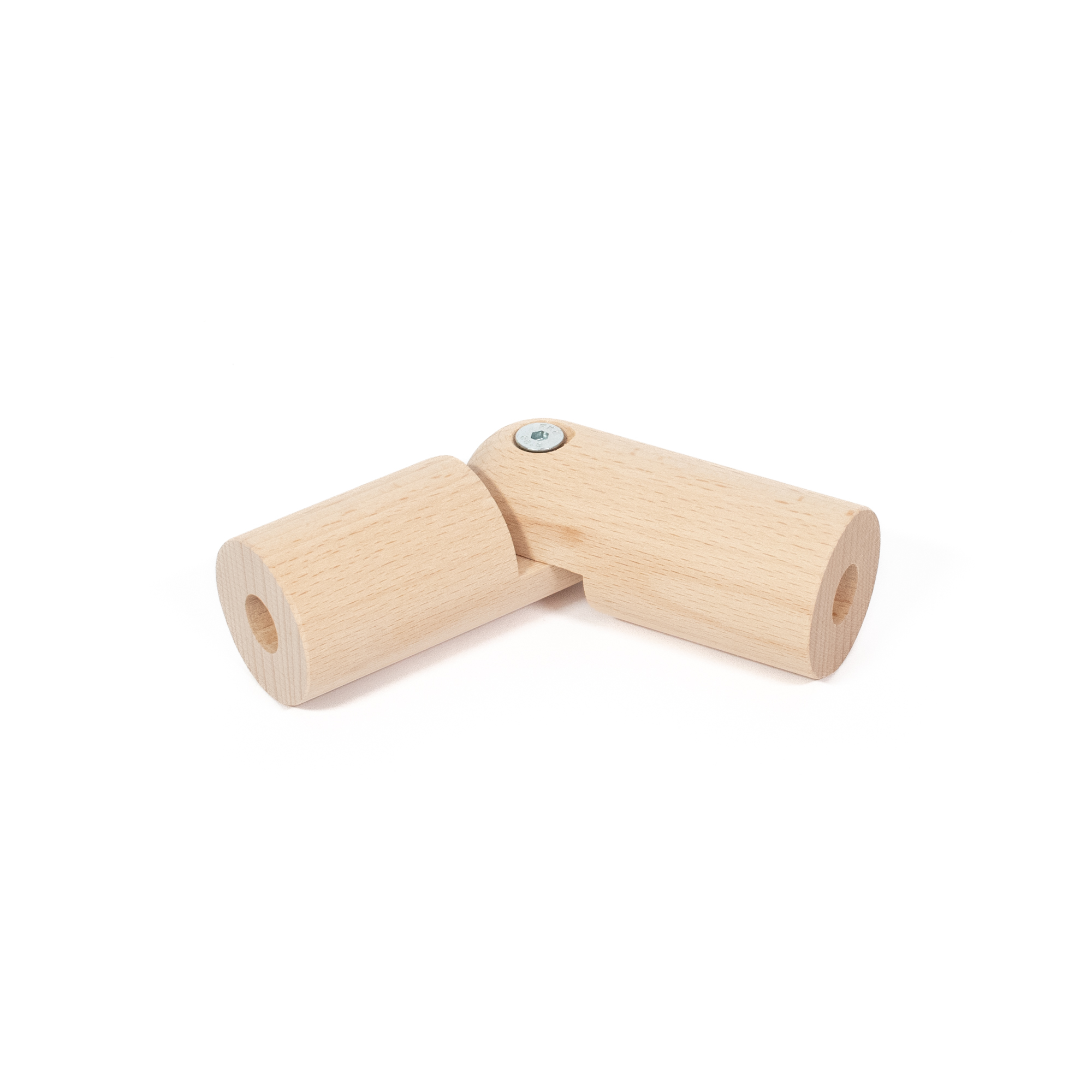 Flexibel verbindingsstuk van beukenhout, Ø 42 mm, voor houten leuning, 90° gehoekt, scharnierschroef zichtbaar, vrijstaand