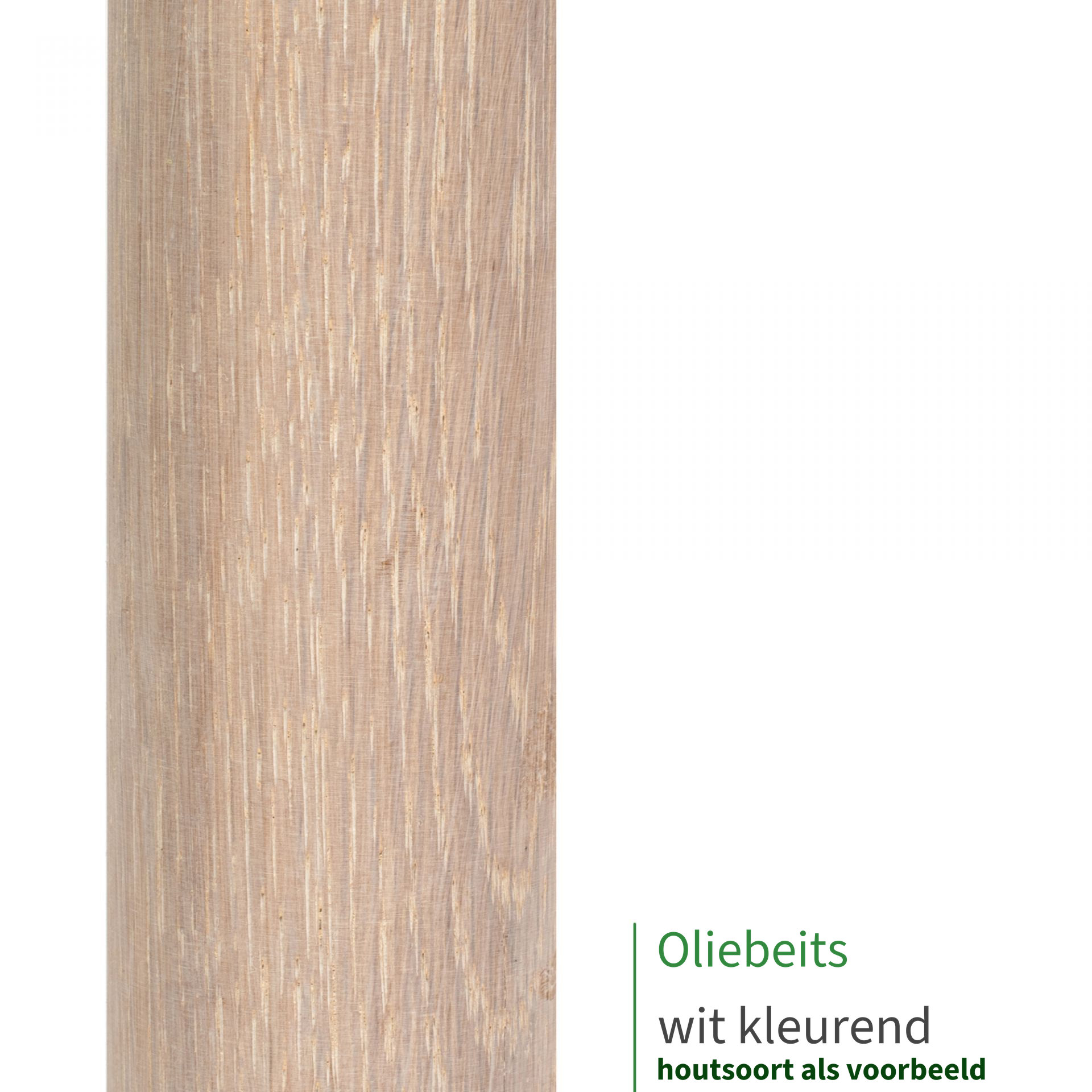 Oliebeits wit kleurend op een houten leuning als kleurstaal; houtsoort dient alleen als voorbeeld