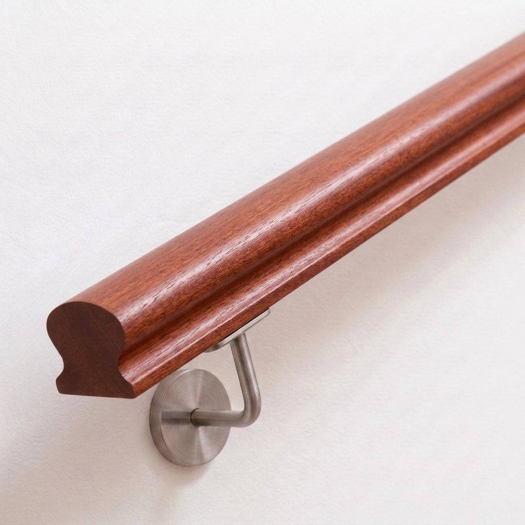 Omega-leuning van mahoniehout met geprofileerde doorsnede, roodbruin hout, roestvrijstalen leuninghouder aan witte wand