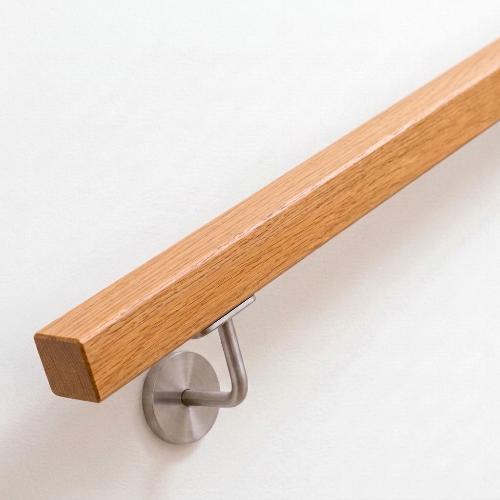 Leuning van rood eikenhout, vierkant, aan witte wand met roestvrijstalen wandhouder, warme eikennerf, recht uiteinde