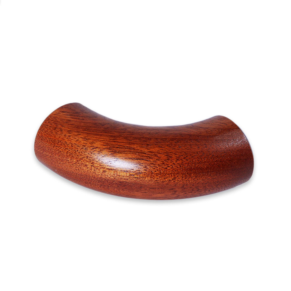 Ronde eindbocht 90° van mahoniehout, gebogen eindstuk van roodbruin hout met fijne nerf, Ø 35 tot 50 mm