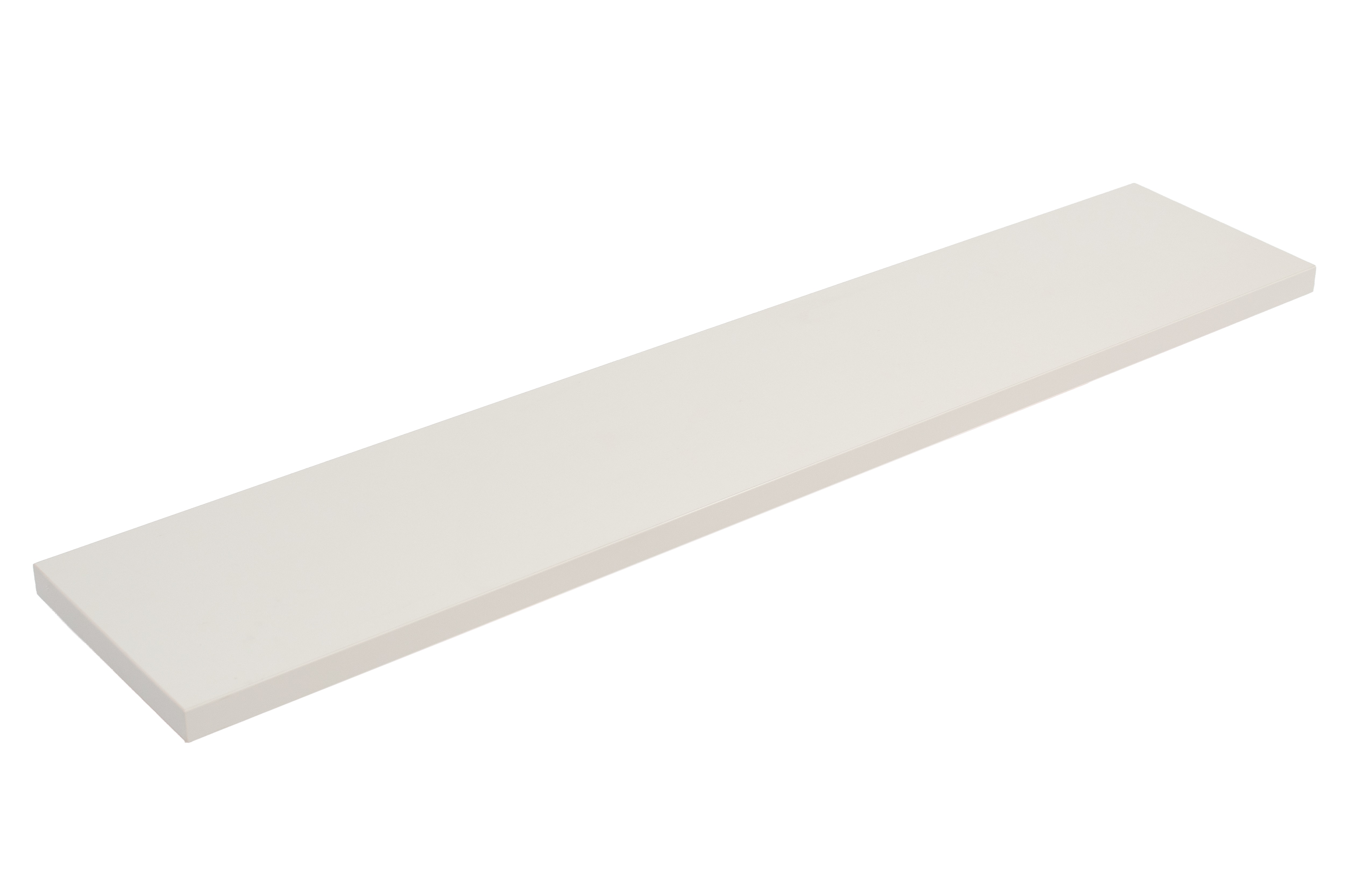Grijze melamine vensterbank, lichtgrijze gladde plaat, vrijstaand schuin van boven, witte achtergrond