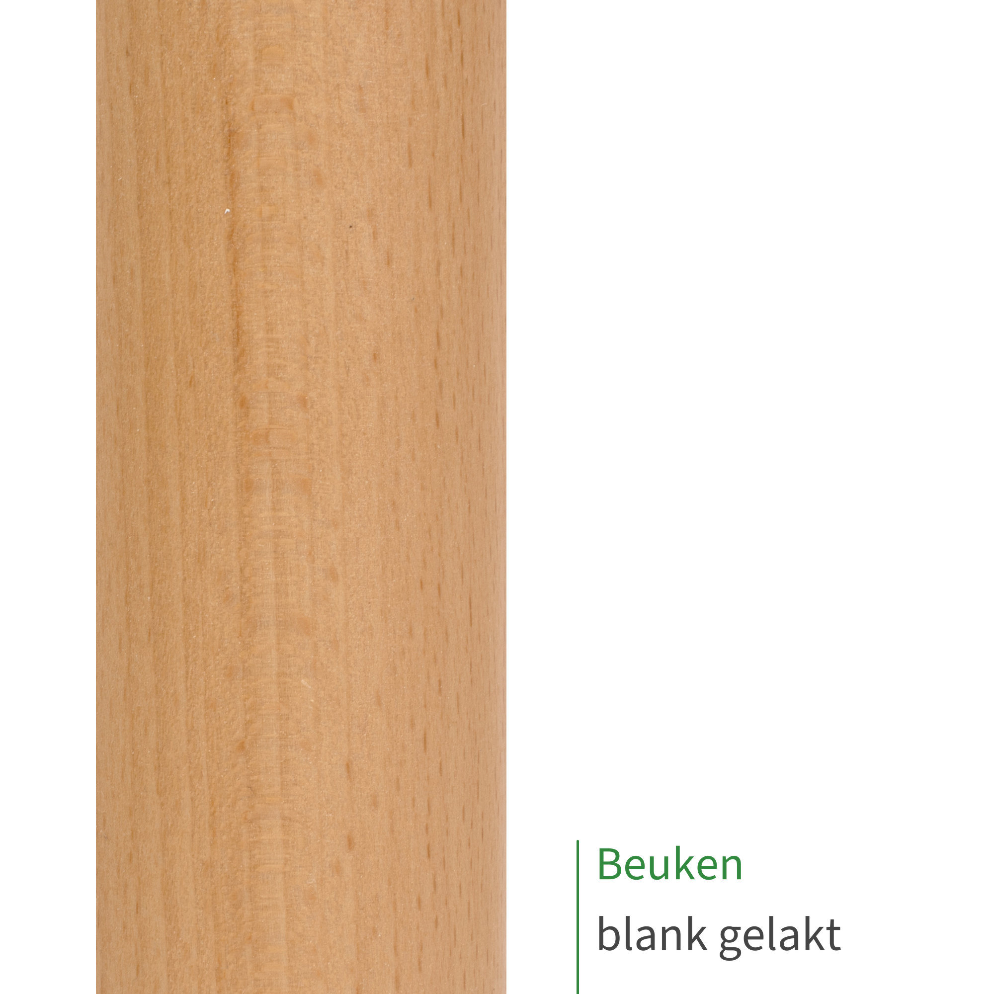 Ronde staaf van beukenhout, blank gelakt: close-up van het gelakte oppervlak met fijne houtnerf