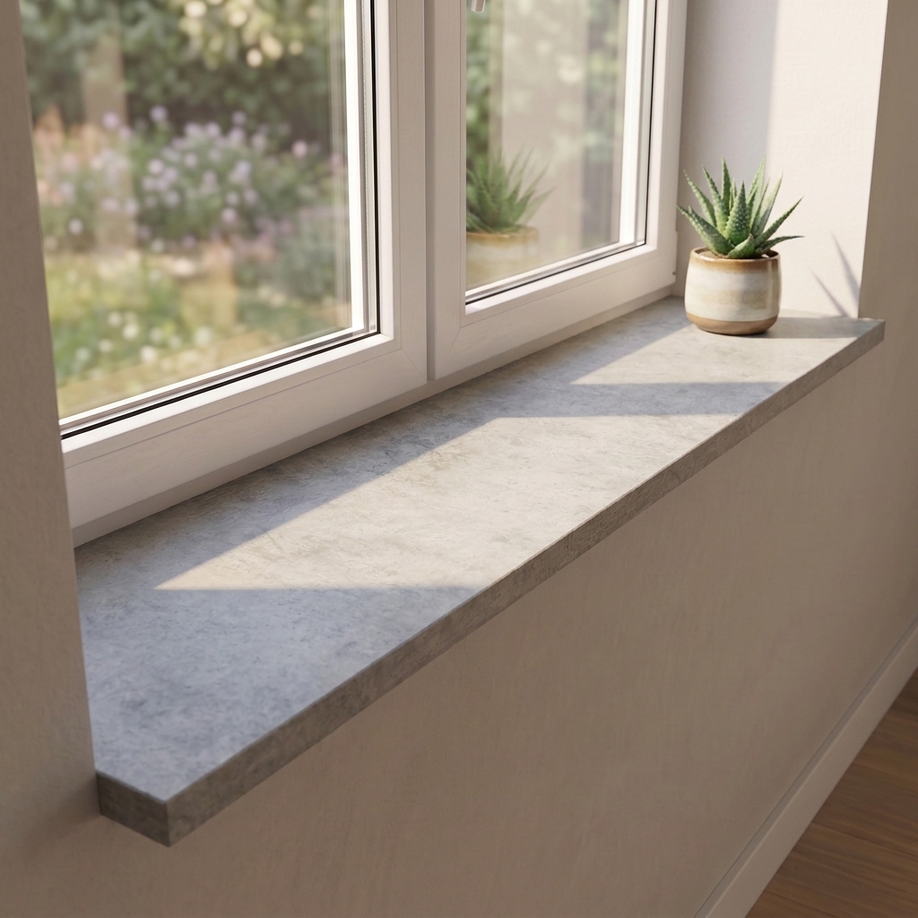 Melamine vensterbank met steenlook beton, grijs, onder raam met tuinzicht, potplant op de vensterbank