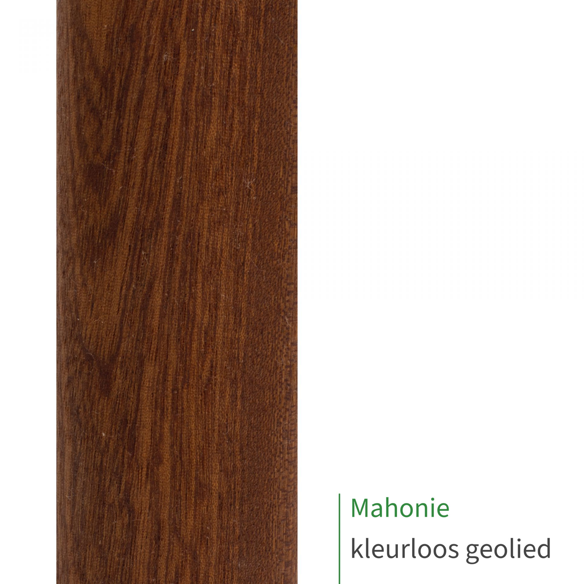 Mahonie, kleurloos geolied: close-up van het oppervlak van een houten leuning met zichtbare houtnerf als kleurstaal
