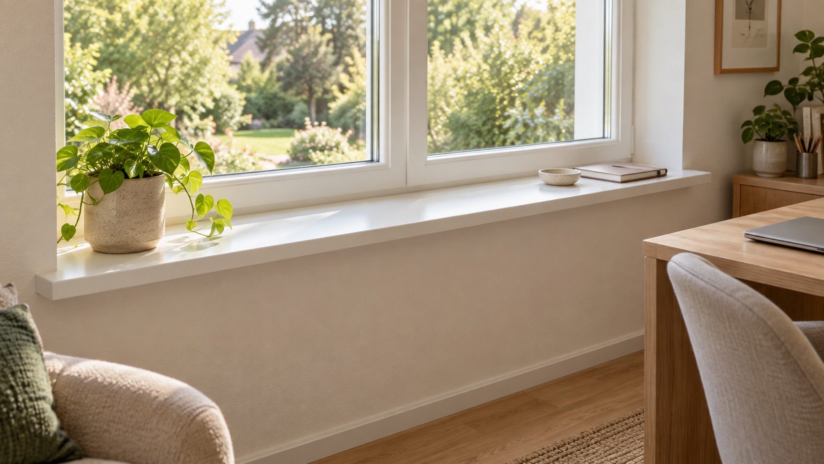 Lichte vensterbank binnen in de woonkamer met plant en boeken, witte vensterbank onder raam met tuinzicht, fauteuil