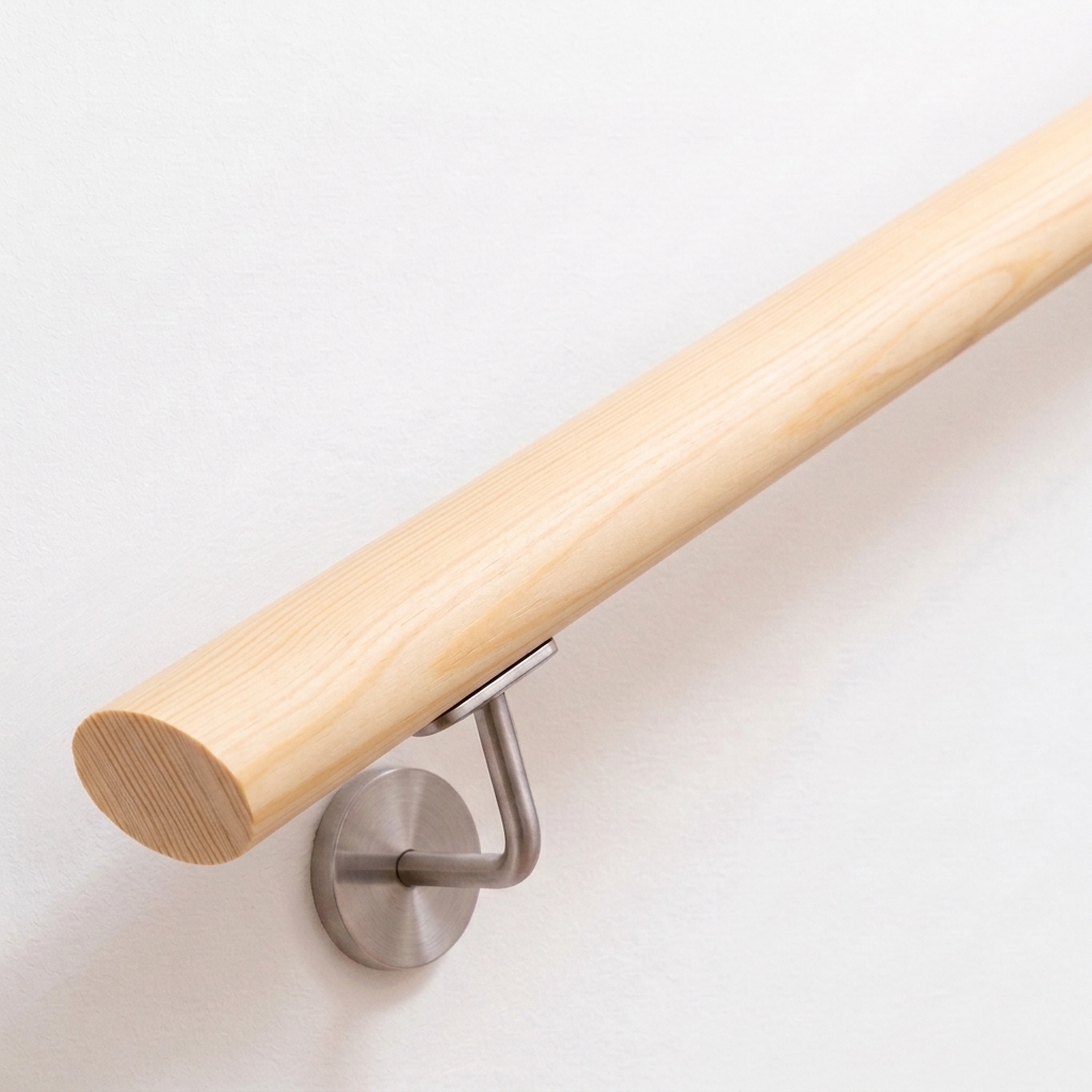 Ovale leuning van vuren/dennen, naturel, met roestvrijstalen leuninghouder aan witte wand, diagonaal met zichtbare nerf