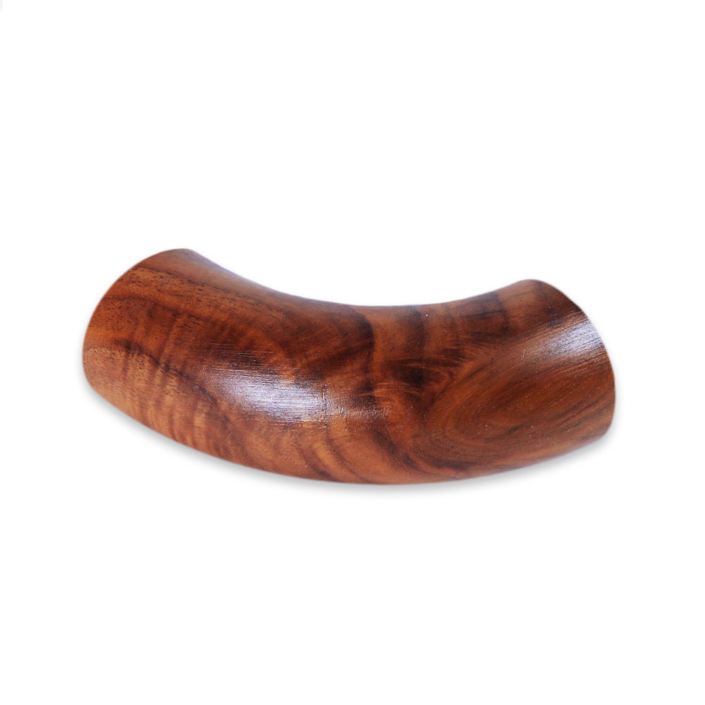 Ronde eindbocht 90° van notenhout, gebogen eindstuk van donkerbruin hout met levendige nerf, Ø 35 tot 50 mm