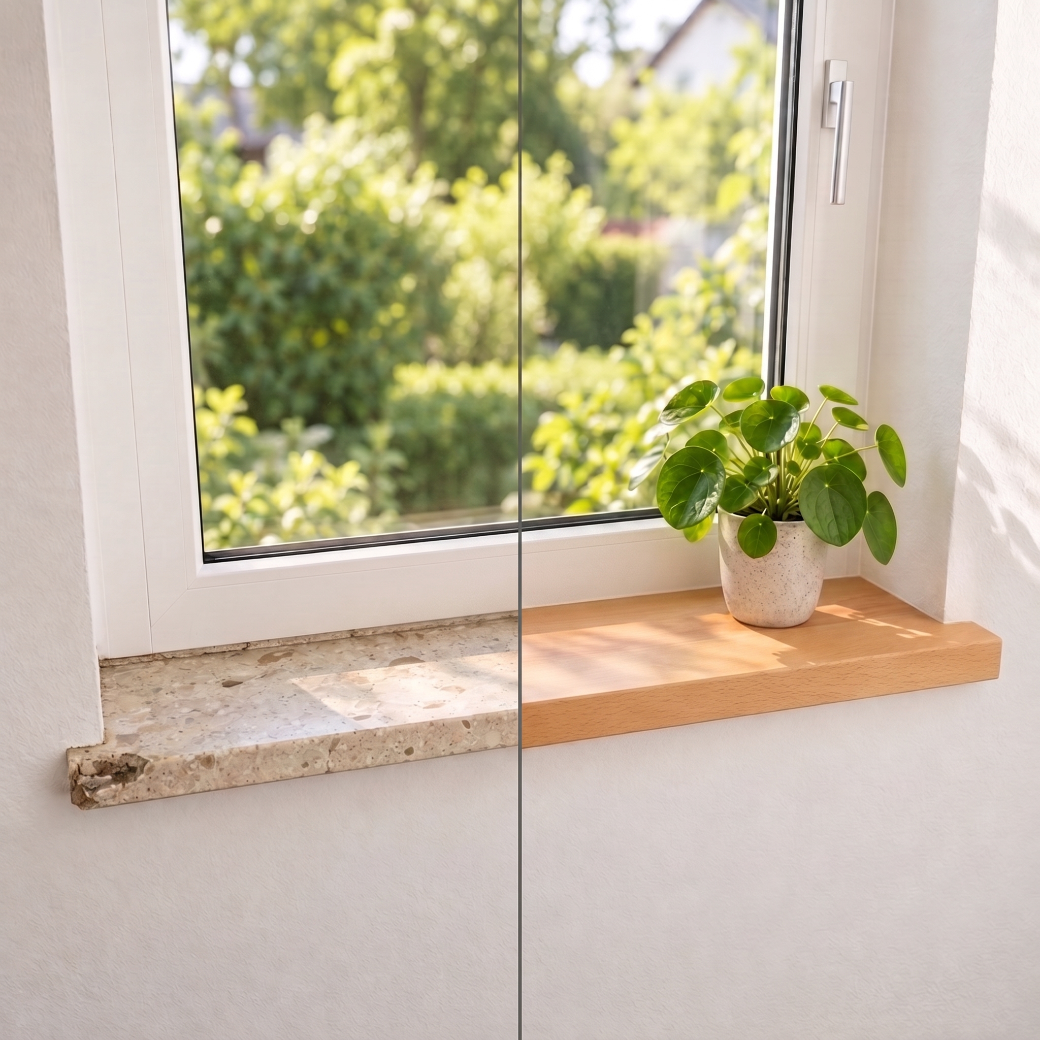 Renovatievensterbank beuken naturel bij het raam, voor en na: oude stenen vensterbank links, lichte houten afdekking rechts