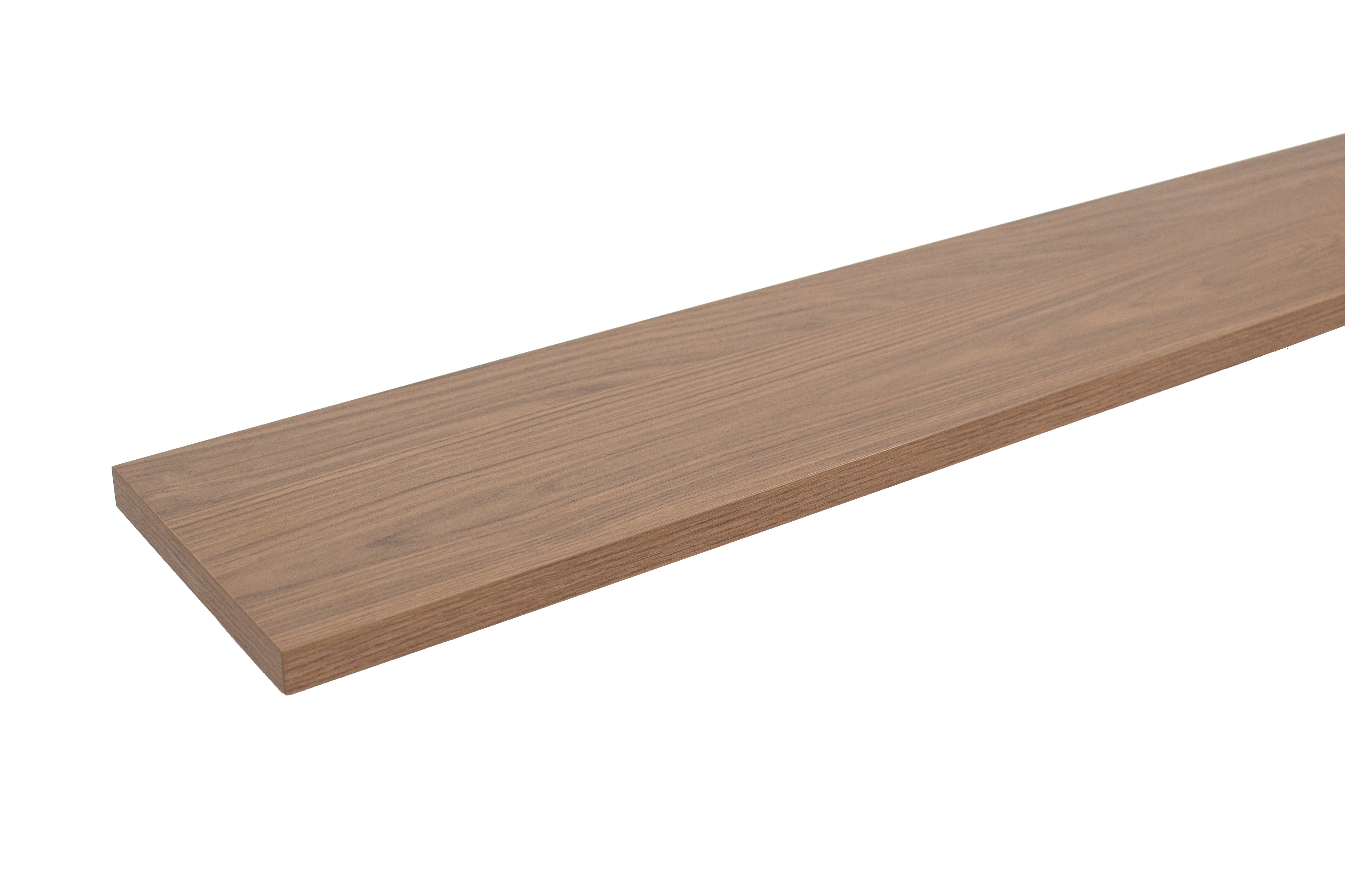 Melamine vensterbank met houtlook (noten), vrijstaand in vlak zijaanzicht met kopse kant