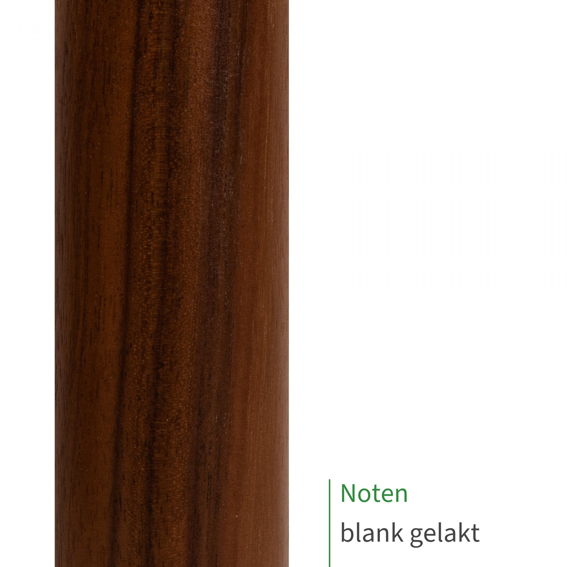 Noten, blank gelakt: close-up van het oppervlak van een houten leuning met zichtbare houtnerf als kleurstaal