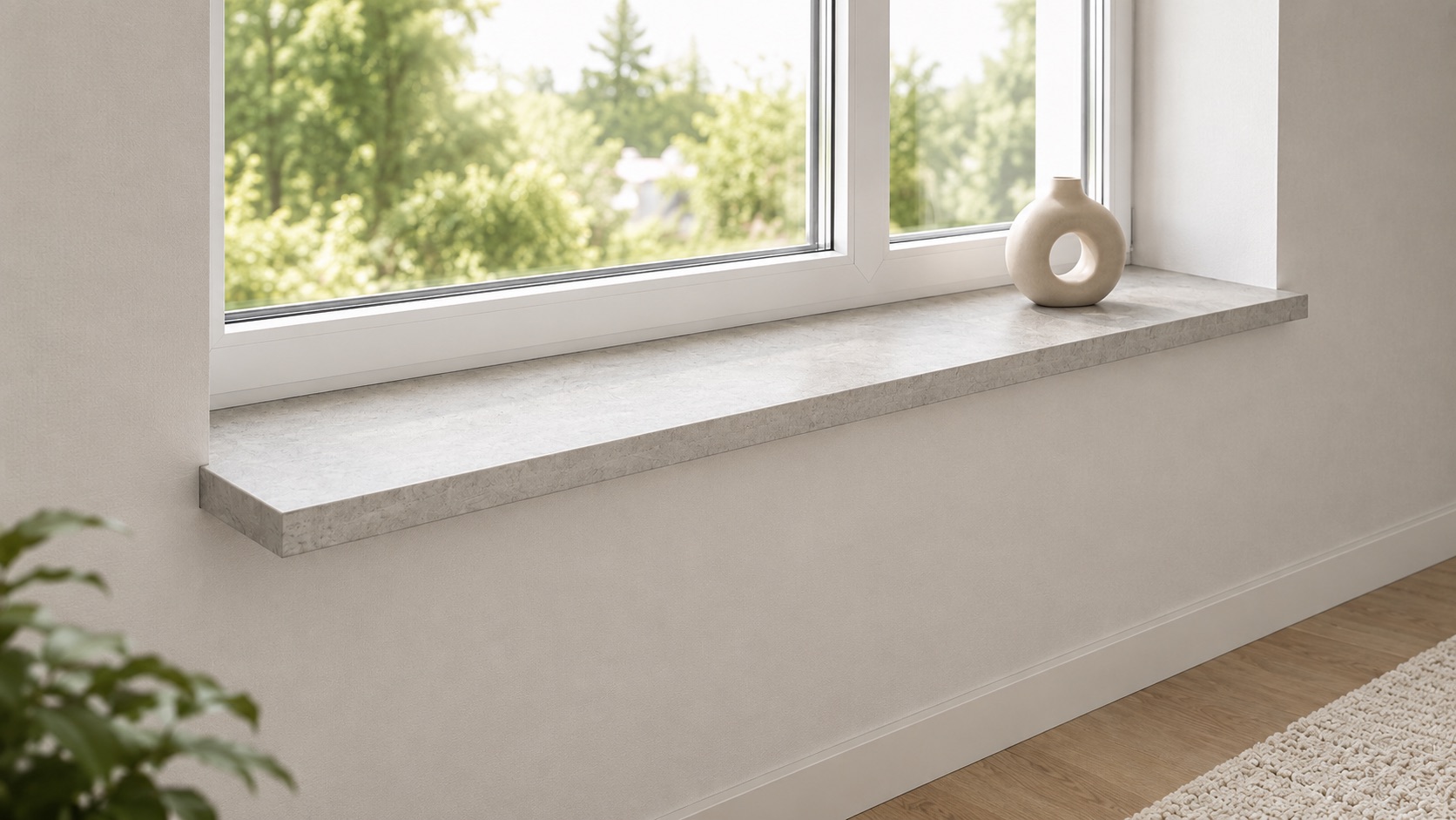 Melamine vensterbank, lichtgrijs met steenlook, bij wit raam met kleine vaas en uitzicht op het groen