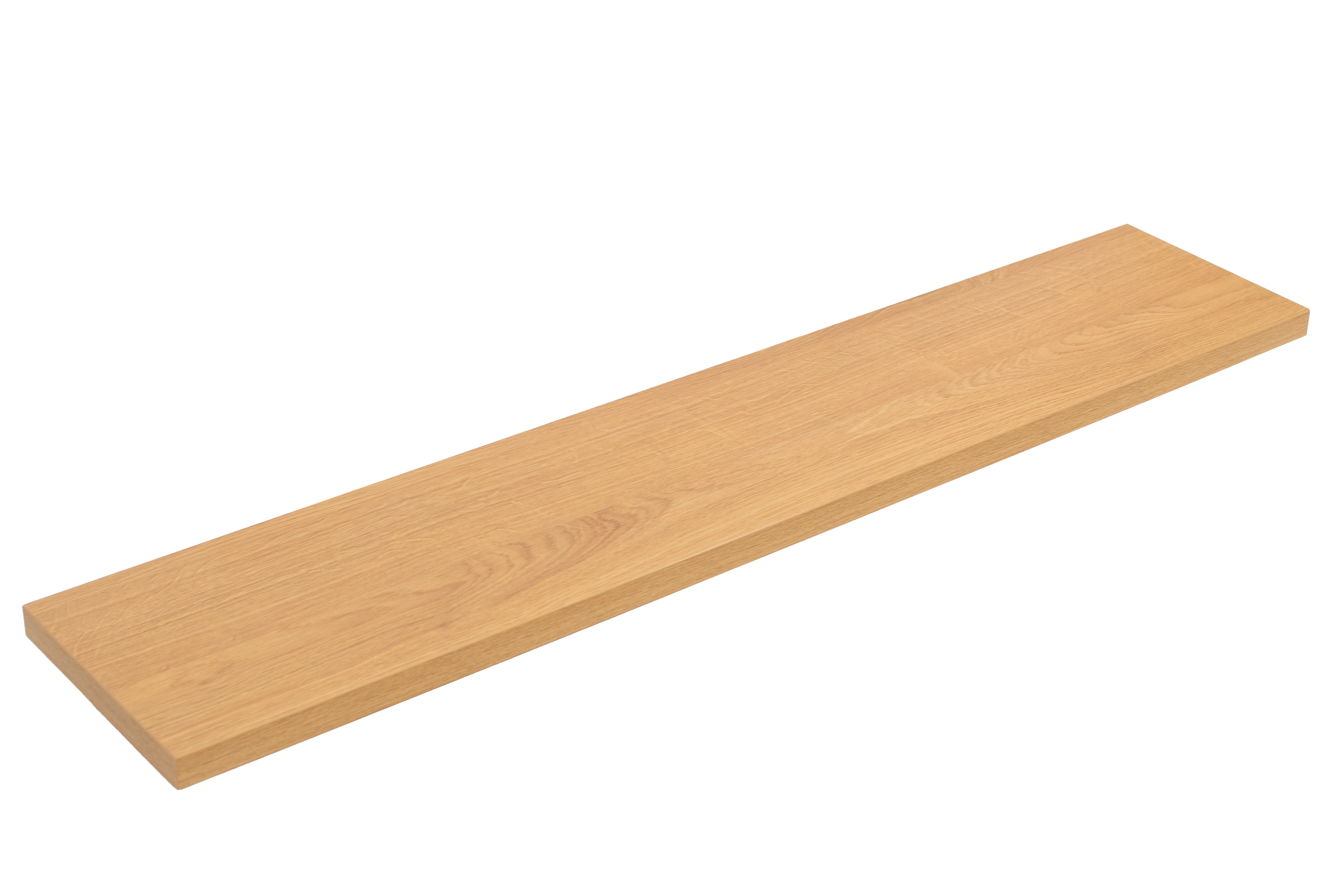 Melamine vensterbank met houtlook (eiken), vrijstaand in schuin aanzicht op witte achtergrond