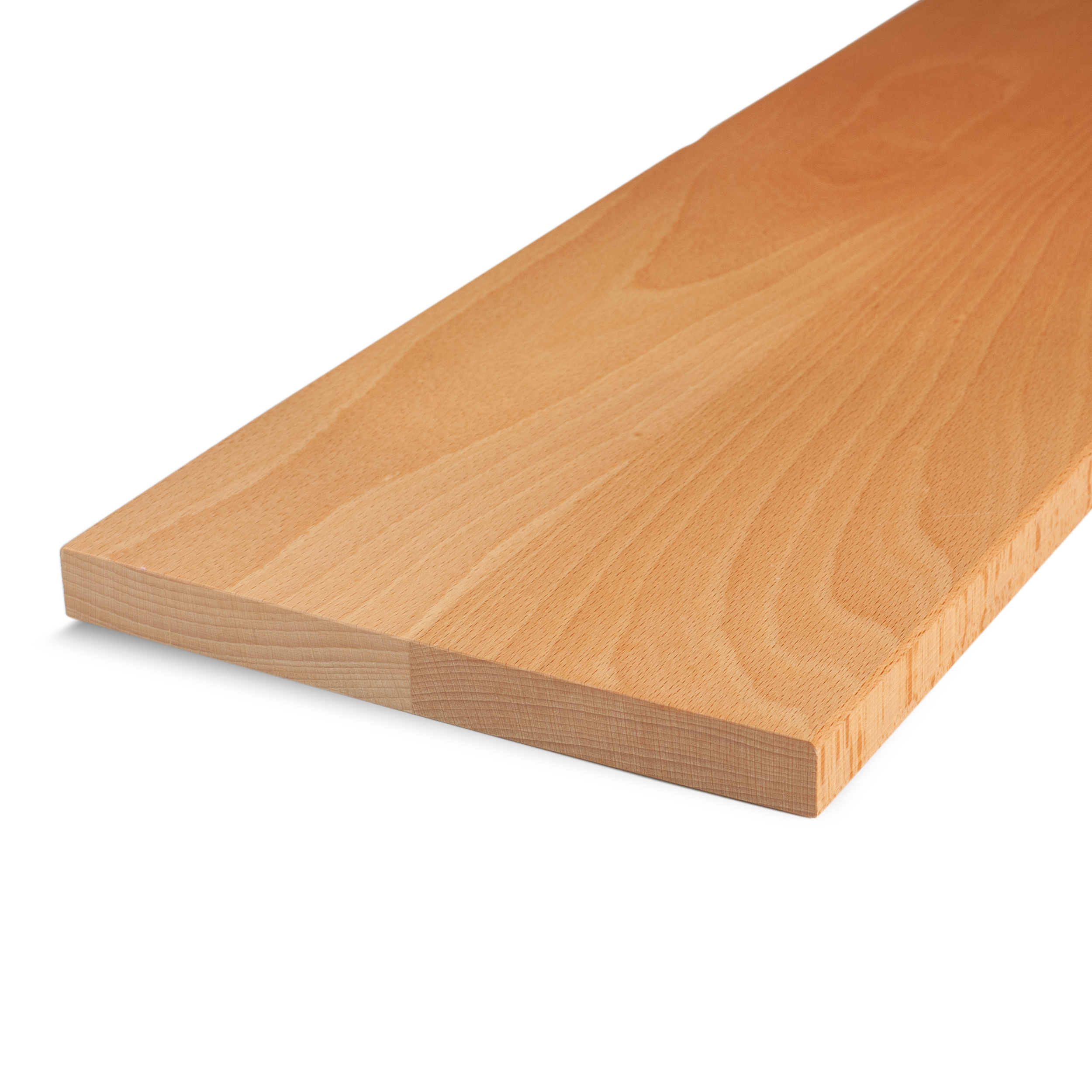 Vensterbank van kernbeukenhout, naturel, met doorlopende lamellen, hoekaanzicht met kopse kant en roodbruine nerf