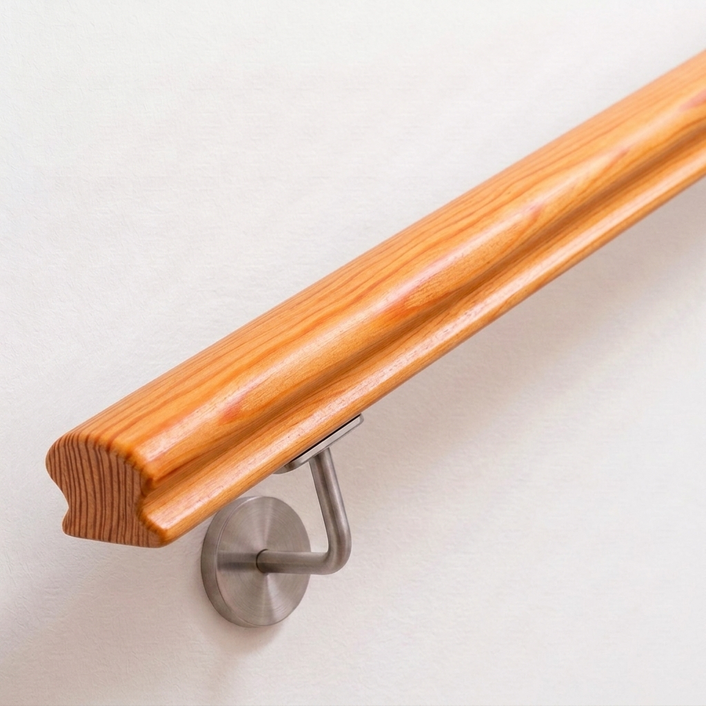 Omega-leuning van lariks met geprofileerde doorsnede en roodgele nerf, roestvrijstalen leuninghouder aan witte wand