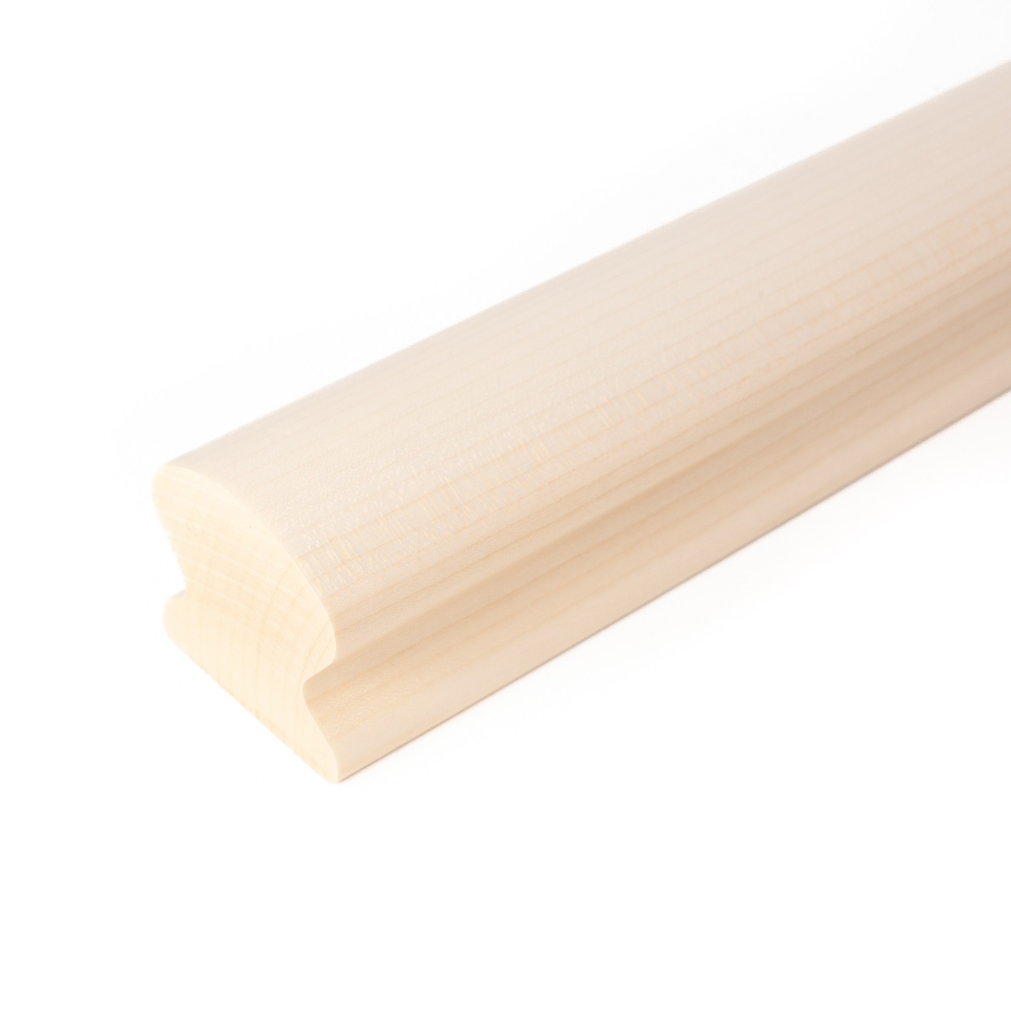 Omega-leuning van esdoornhout, naturel, recht afgezaagd einde, close-up van het omegaprofiel met greepuitsparing