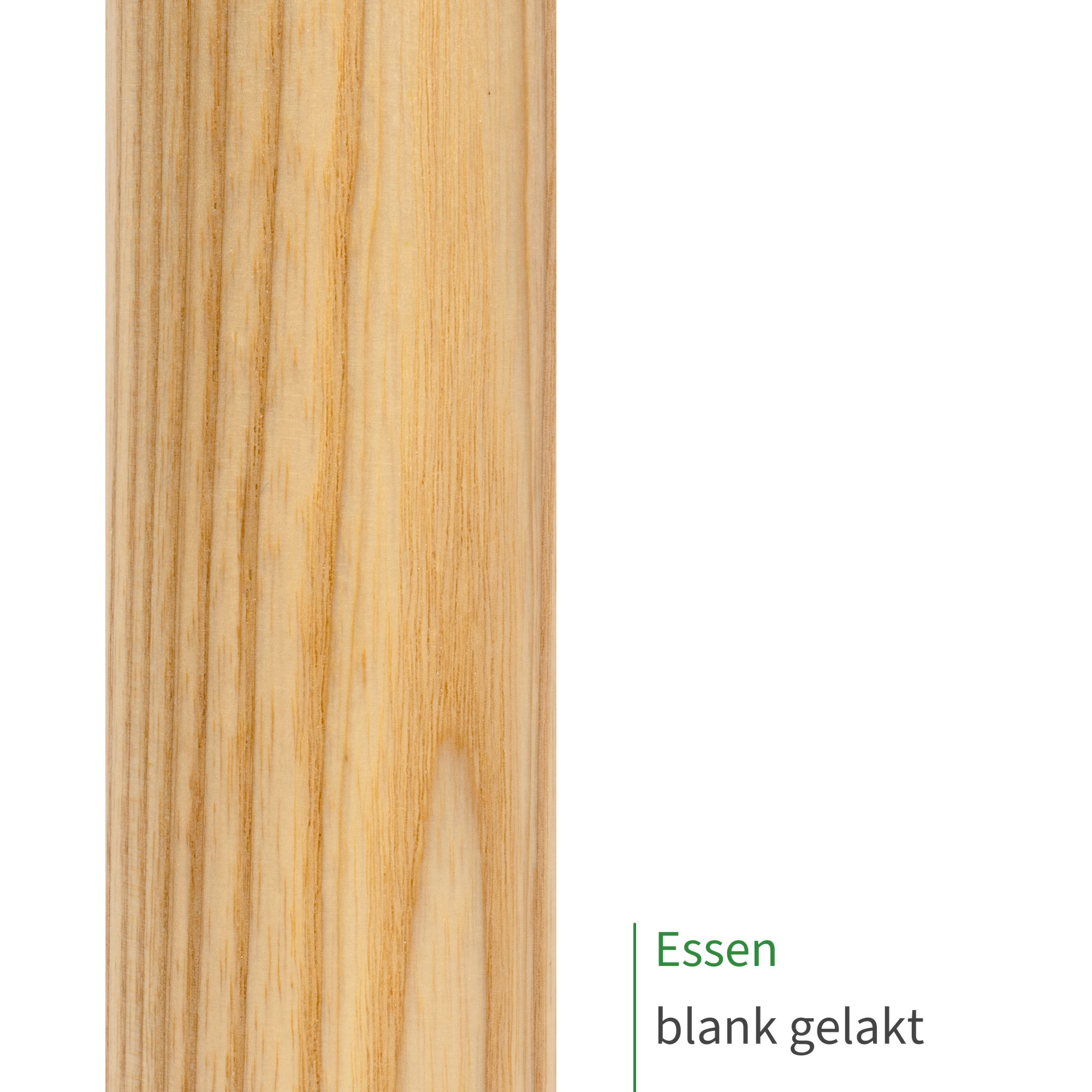 Essen, blank gelakt: close-up van het oppervlak van een houten leuning met zichtbare houtnerf als kleurstaal