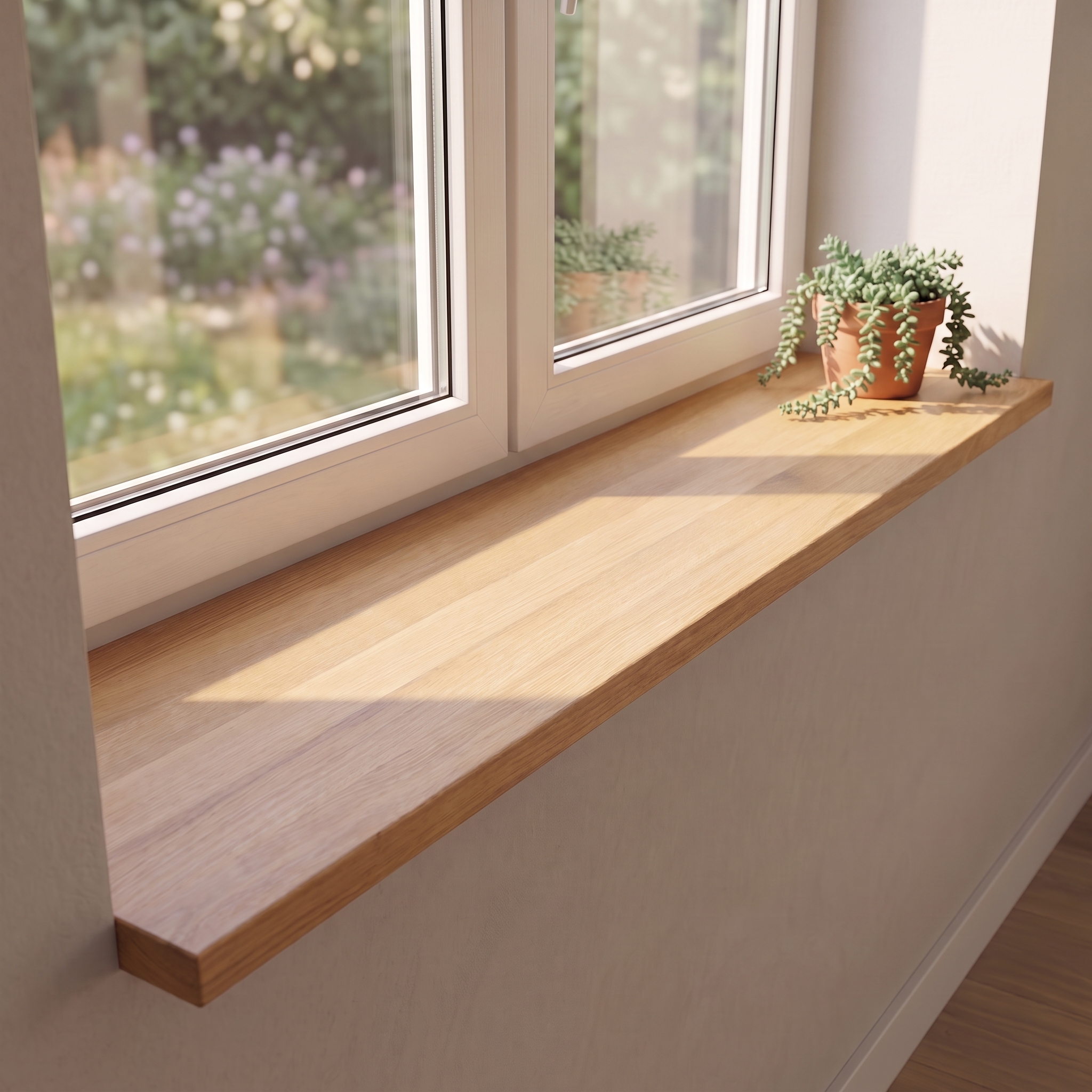 Vensterbank van eikenhout, naturel, doorlopende lamellen, onder dubbel raam met tuinzicht en hangplant in terracotta pot