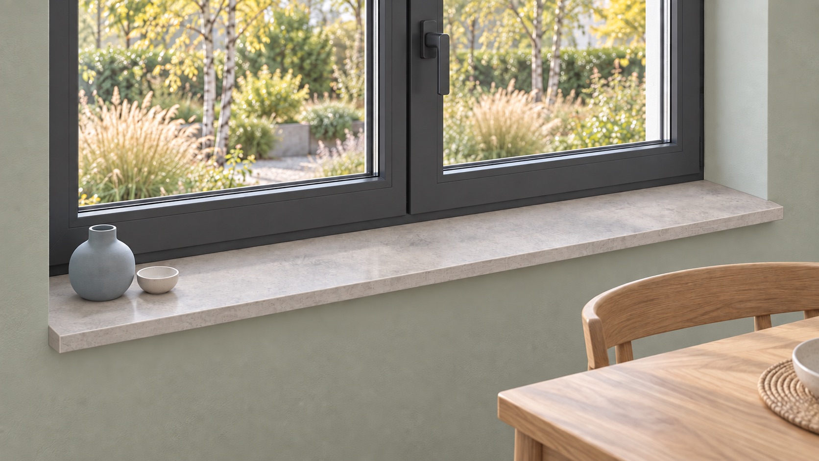 Vensterbank met lichte steenlook, melamine, onder antracietkleurig raam met vaas en schaal, tuinzicht