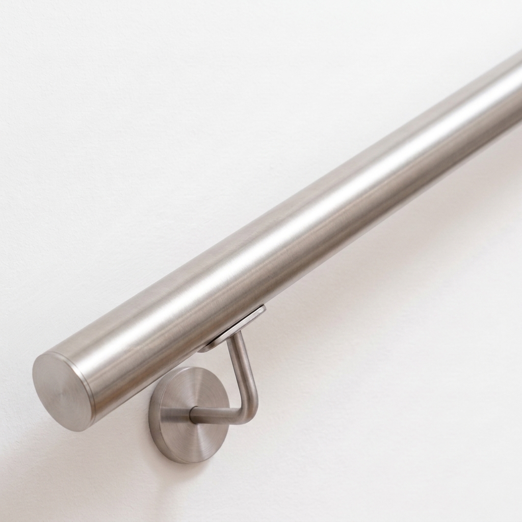 Ronde roestvrijstalen leuning op maat met roestvrijstalen wandhouder en vlakke eindkap, diagonaal aan witte wand, close-up