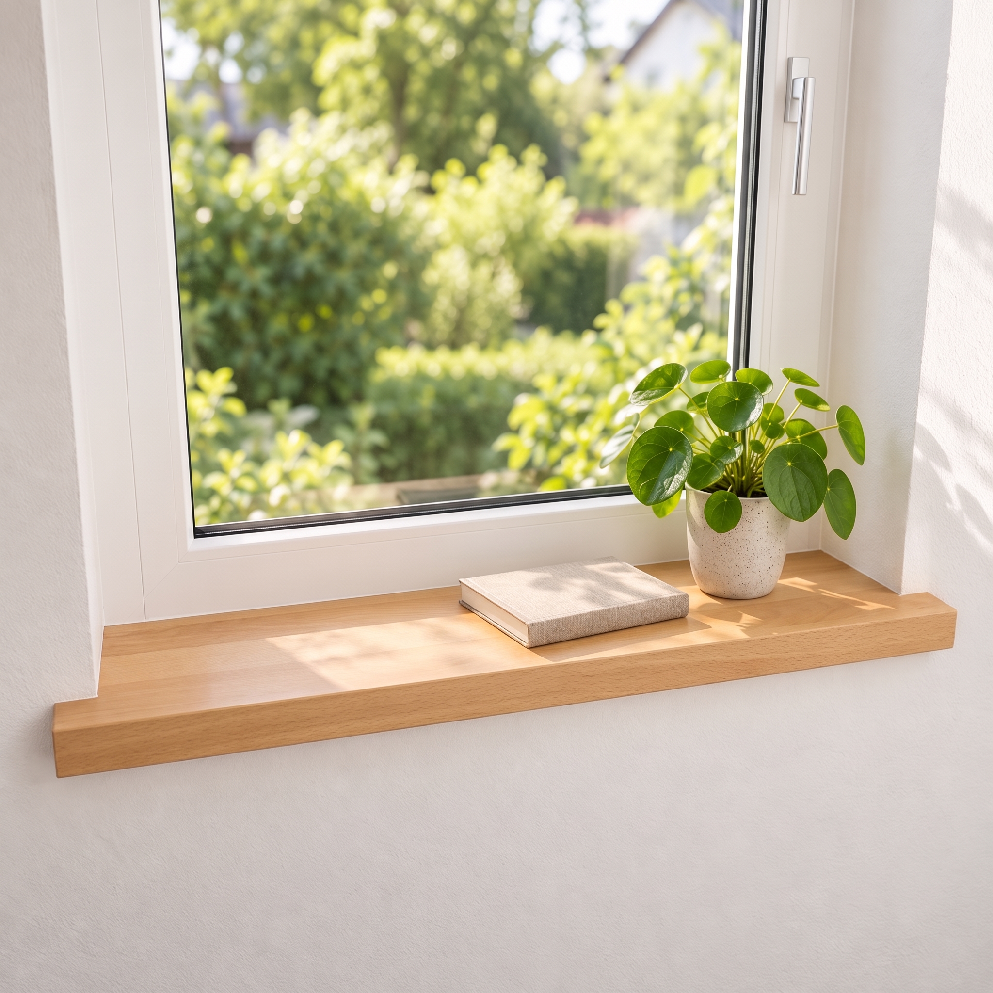 Renovatievensterbank van beukenhout, naturel, massief hout, voor wit raam met tuinzicht, pilea in witte pot en boek