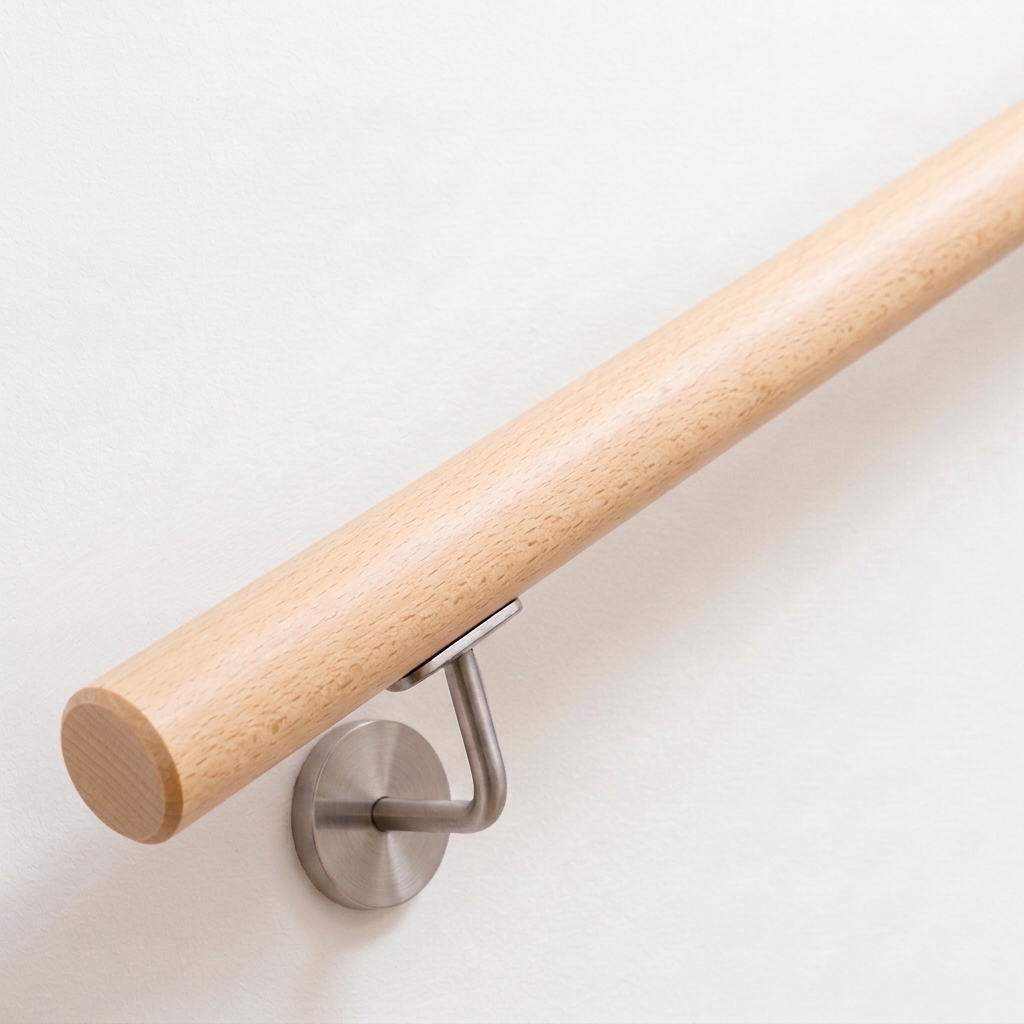 Ronde leuning van beukenhout, licht glad hout, aan witte wand gemonteerd met roestvrijstalen leuninghouder, van onderen