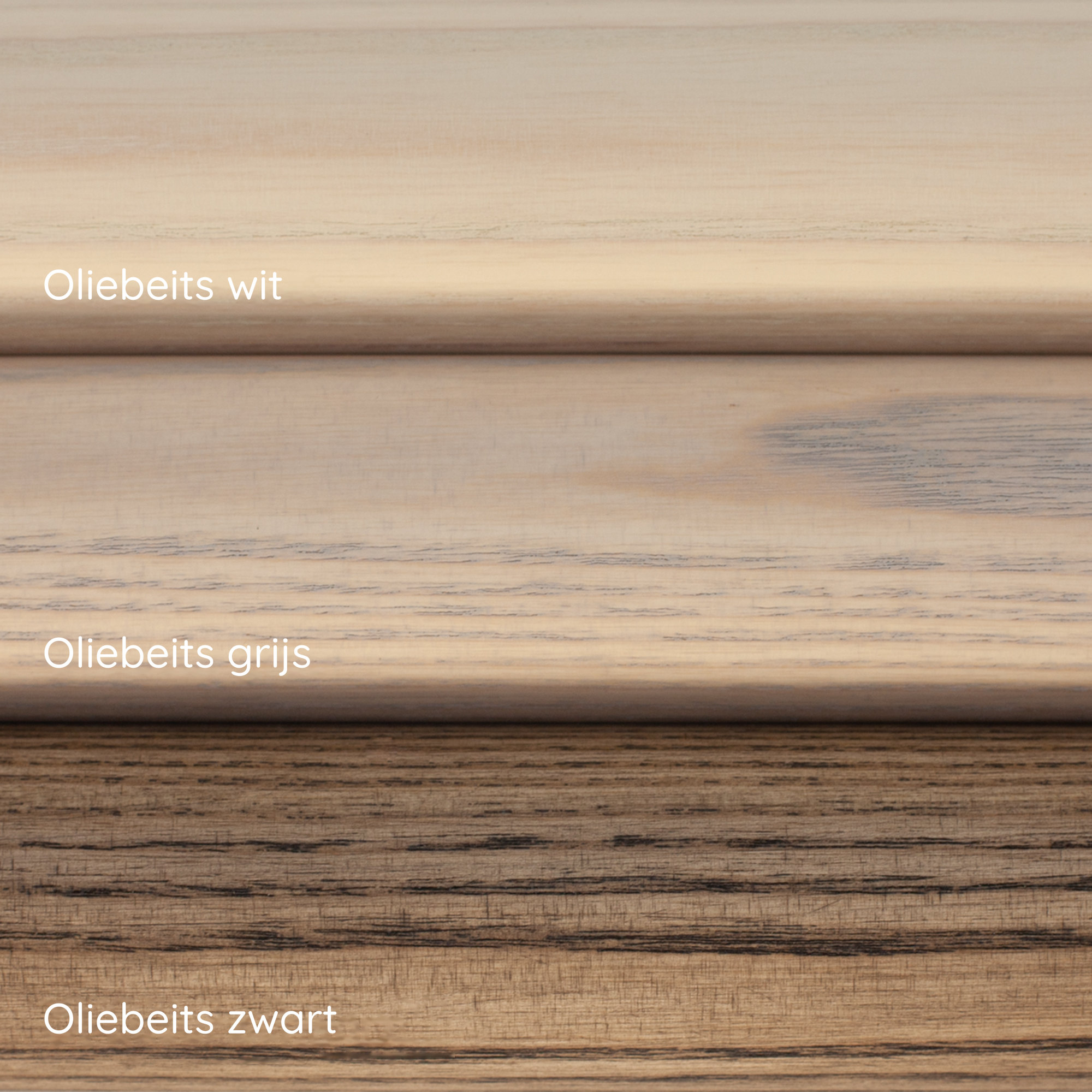Oliebeits op essenhout: drie houtstalen in wit, grijs en zwart onder elkaar, elk met opschrift