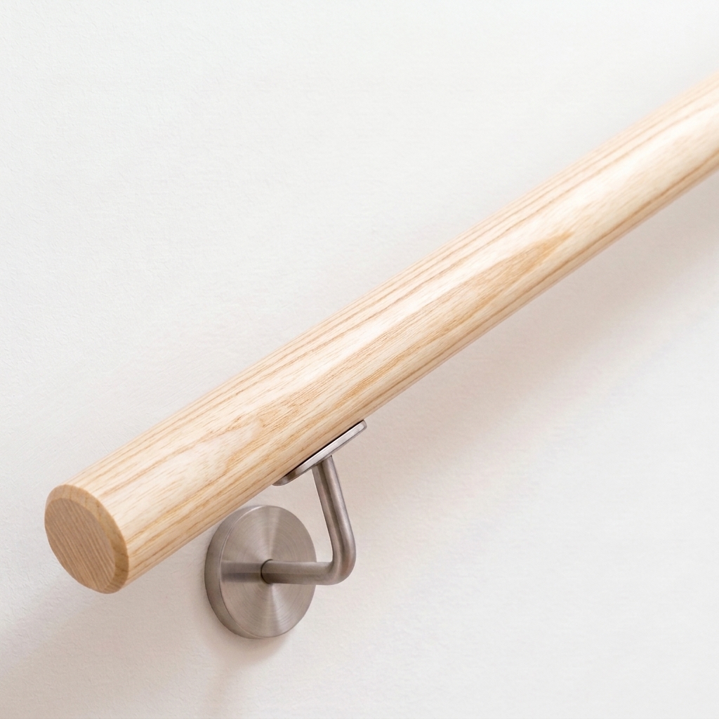 Ronde leuning van essenhout, licht hout met fijne nerf, met roestvrijstalen leuninghouder aan witte wand, recht uiteinde