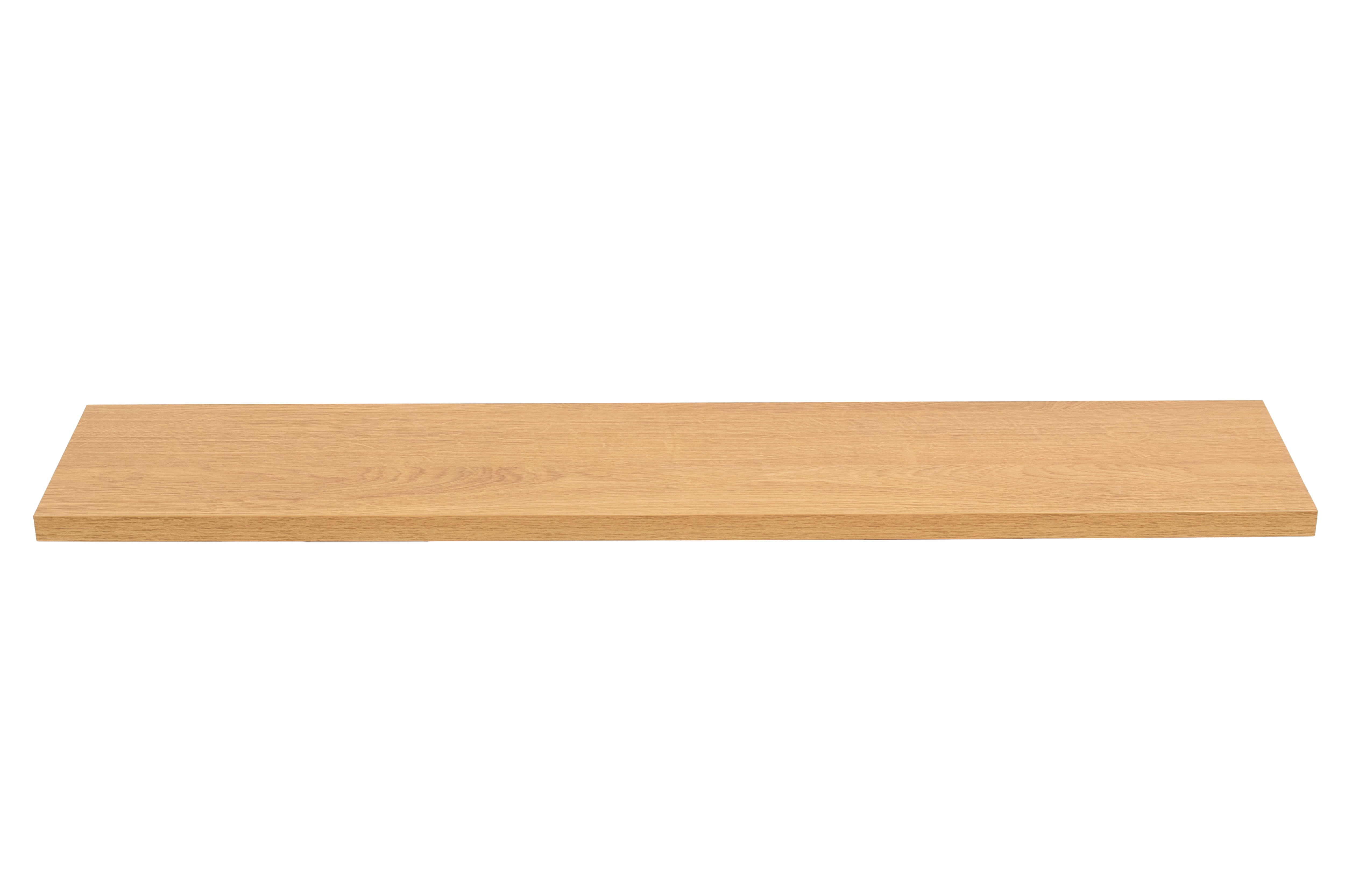 Melamine vensterbank met houtlook (eiken), vrijstaand in vooraanzicht op witte achtergrond