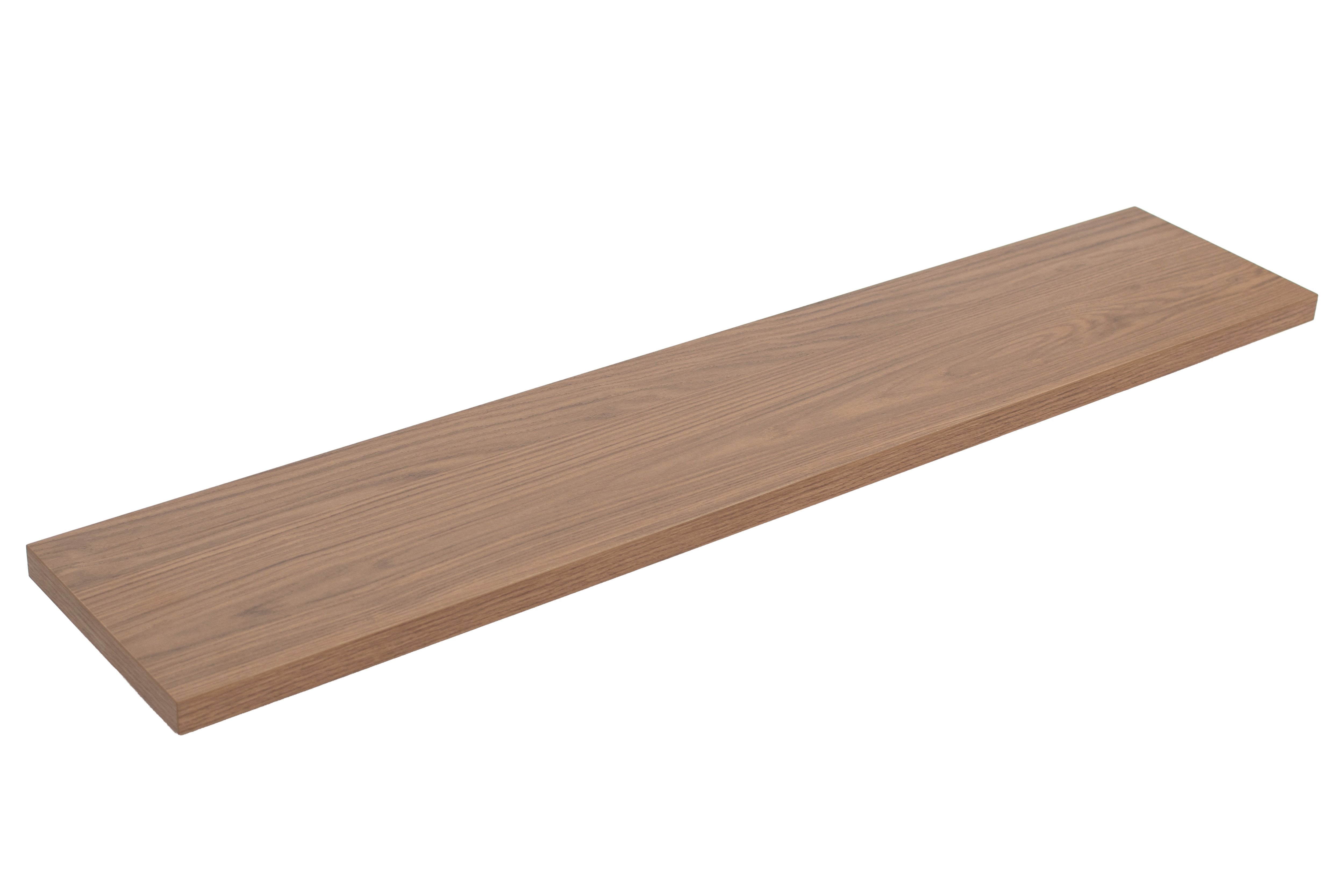 Melamine vensterbank met houtlook (noten), vrijstaand in schuin aanzicht op witte achtergrond