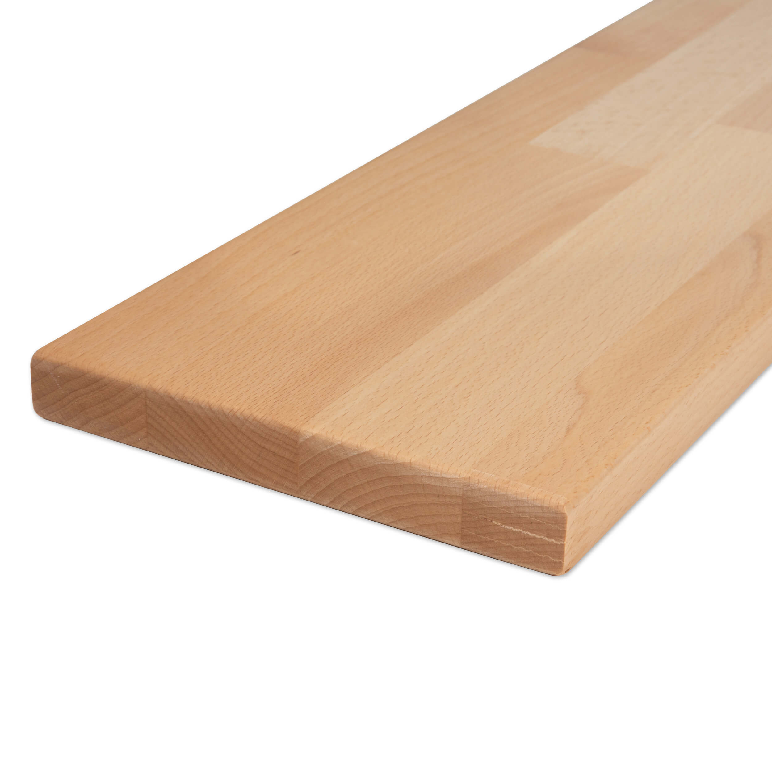Vensterbank van beukenhout, naturel, vingergelast, hoekdetail met lamelnaden en afgeronde voorkant, vrijstaand